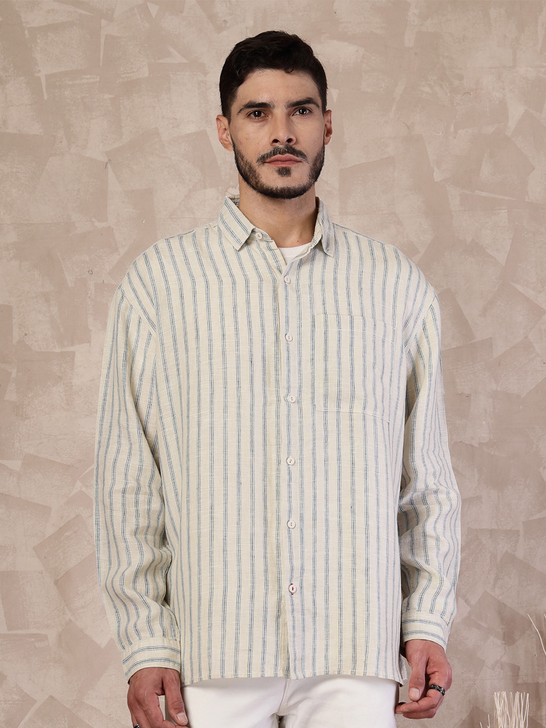 

The Roadster Lifestyle Co. Striped Linen Casual Shirt, Beige