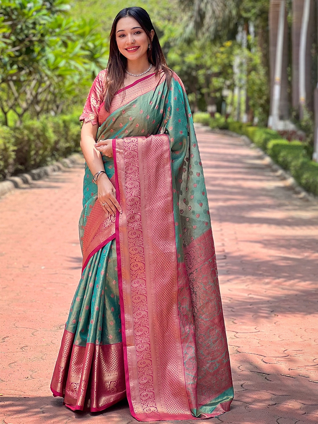 

Mitera Woven Design Zari Tissue Kanjeevaram Saree, Green