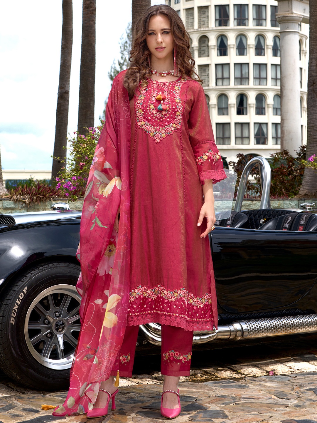 

Indo Era Floral Embroidered Kurta With Trousers & Dupatta, Pink