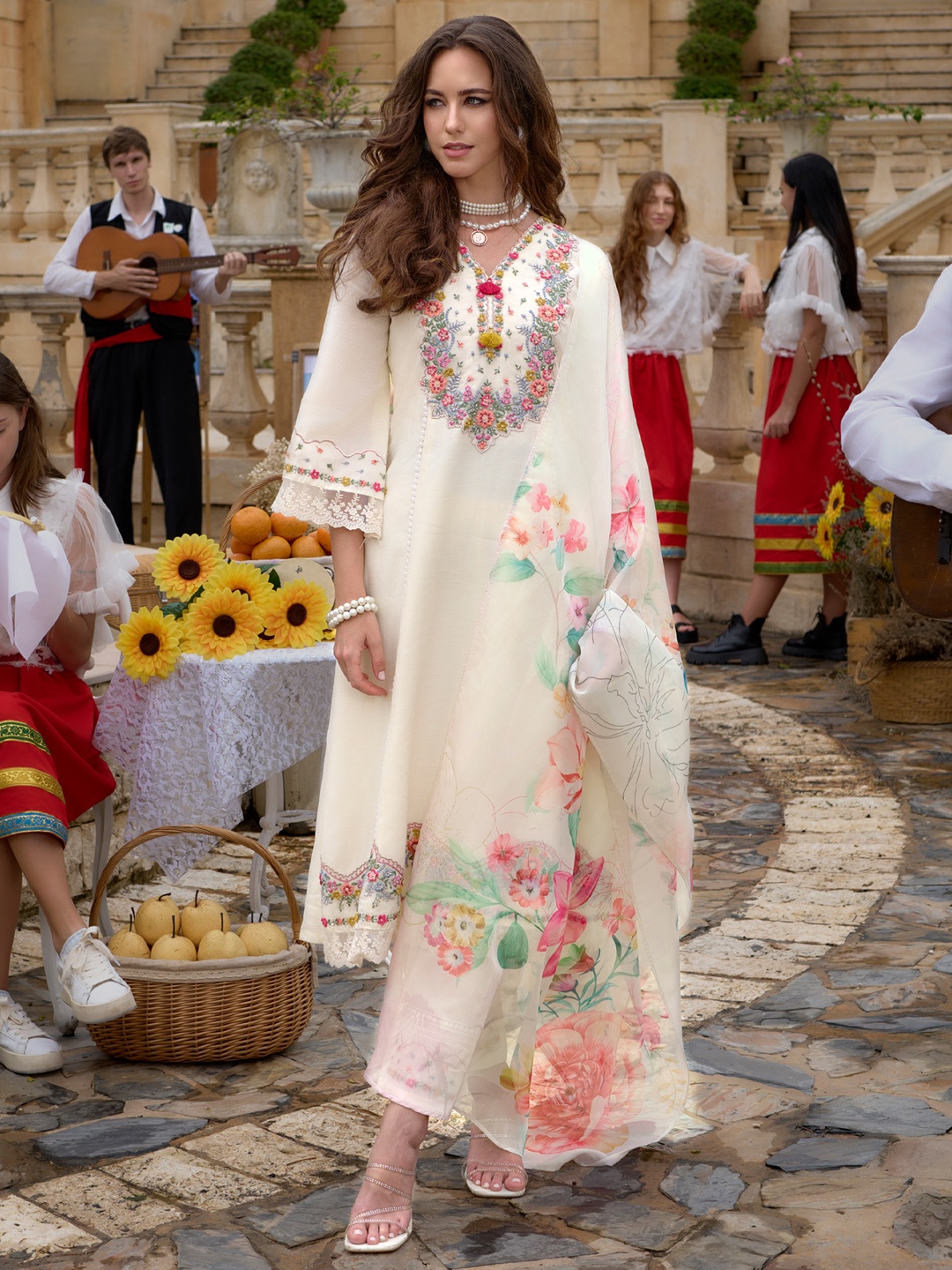 

Indo Era Floral Embroidered Kurta With Trousers & Dupatta, Off white