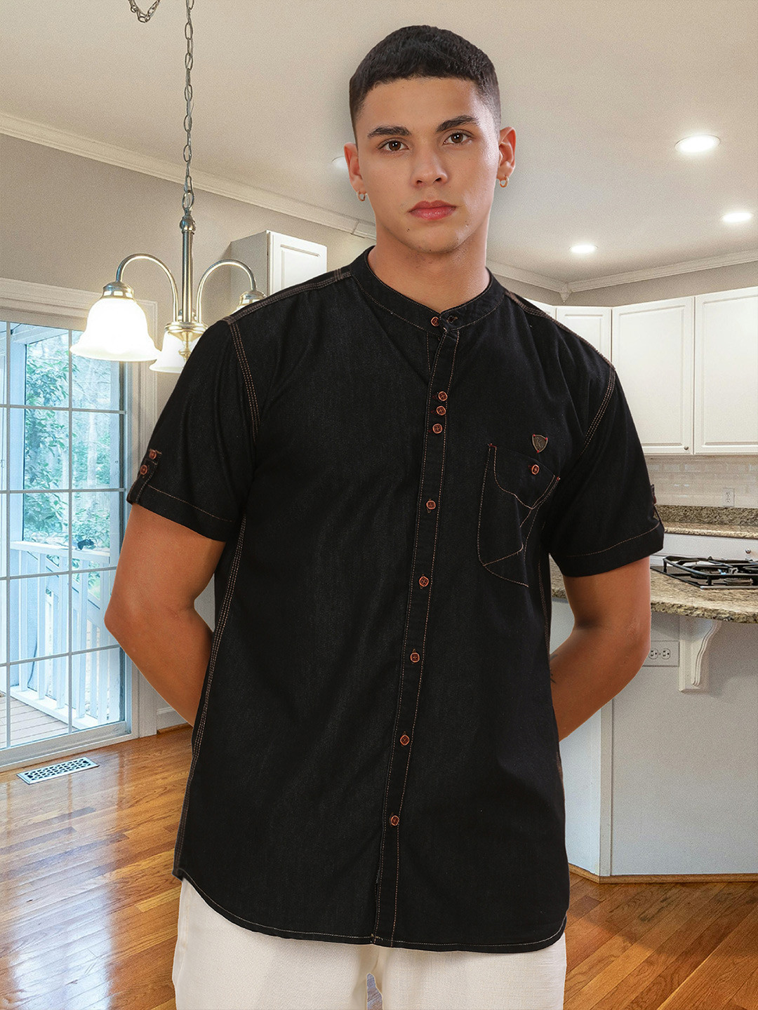 

Kuons Avenue Men Smart Mandarin Collar Solid Denim Slim Fit Casual Shirt, Black