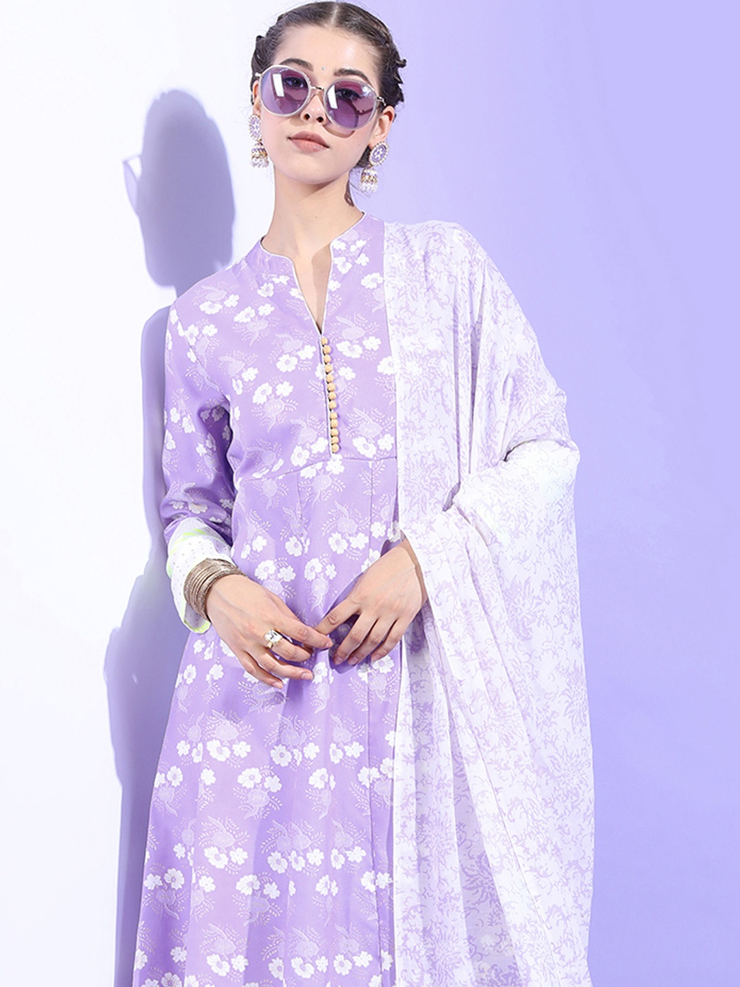 

Vishudh Floral Printed Pure Cotton A-Line Kurta With Palazzos & Dupatta, Mauve