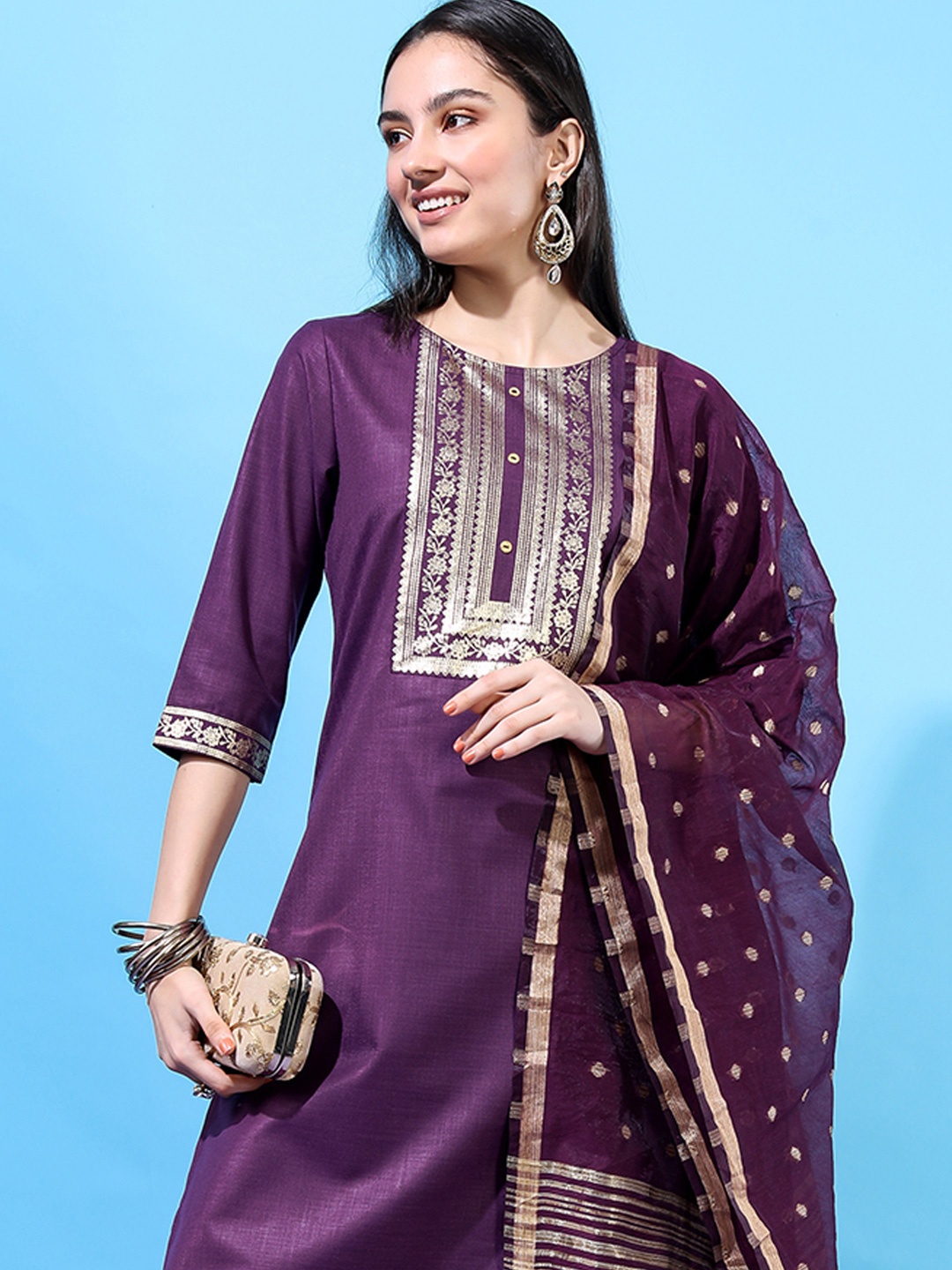 

Vishudh Purple & Gold Toned Ethnic Yoke Design Straight Kurta & Palazzos With Dupatta