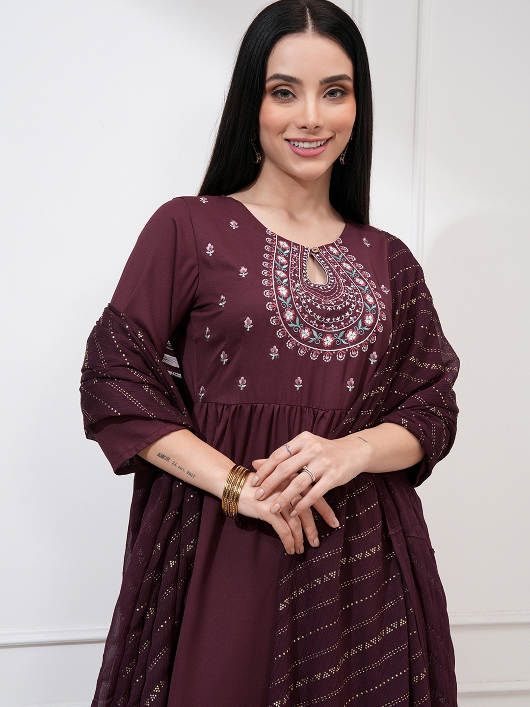 

Vishudh Floral Embroidered Kurta with Palazzos & Dupatta, Burgundy