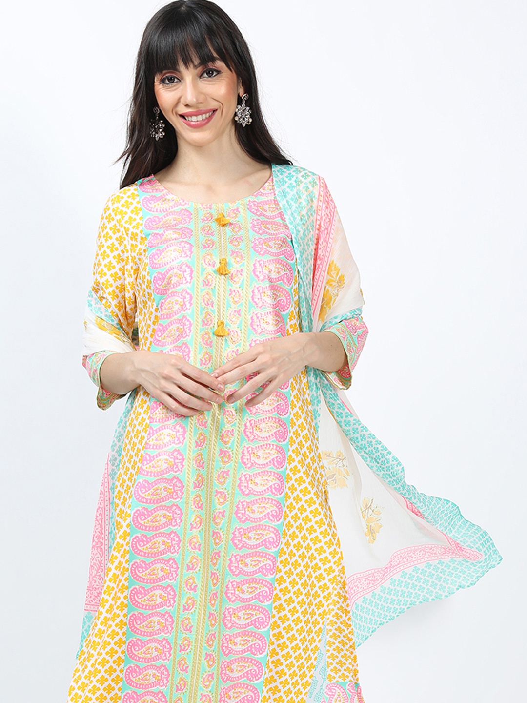 

Vishudh Yellow & Blue Ethnic Motifs Printed Straight Kurta & Palazzos With Dupatta