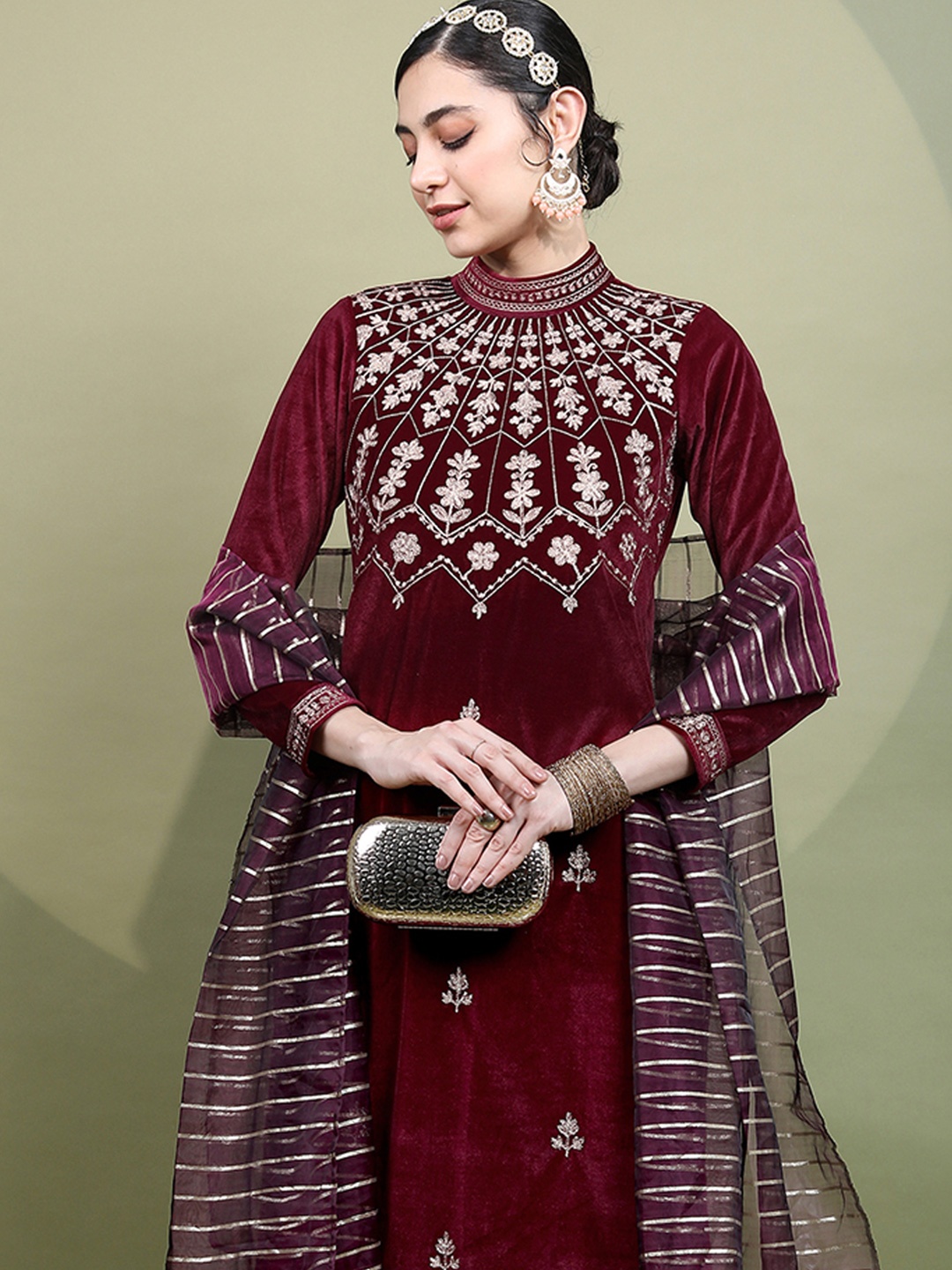 

Vishudh Magenta Floral Embroidered Mandarin Collar Kurta with Trousers & Dupatta