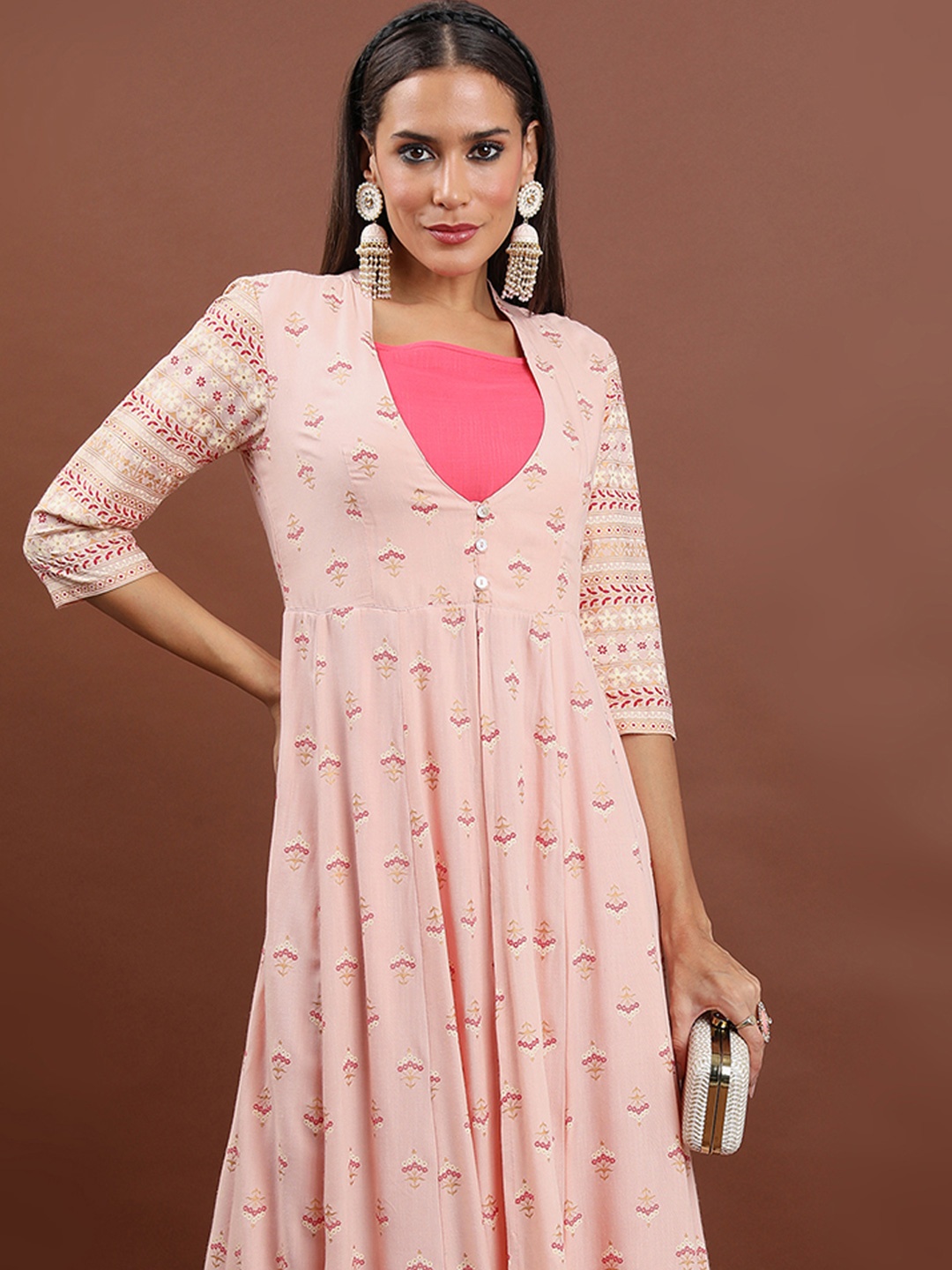 

Vishudh Women Printed Maxi Ethnic Dresses With Jacket, Pink