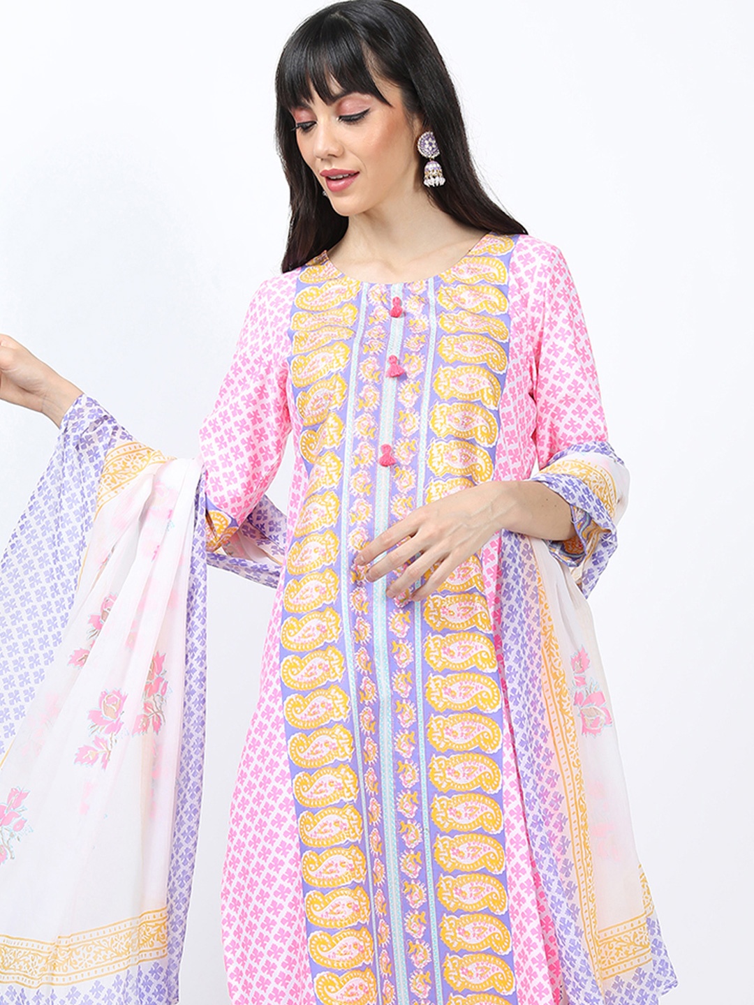 

Vishudh Pink & White Ethnic Motifs Printed Straight Kurta & Palazzos With Dupatta