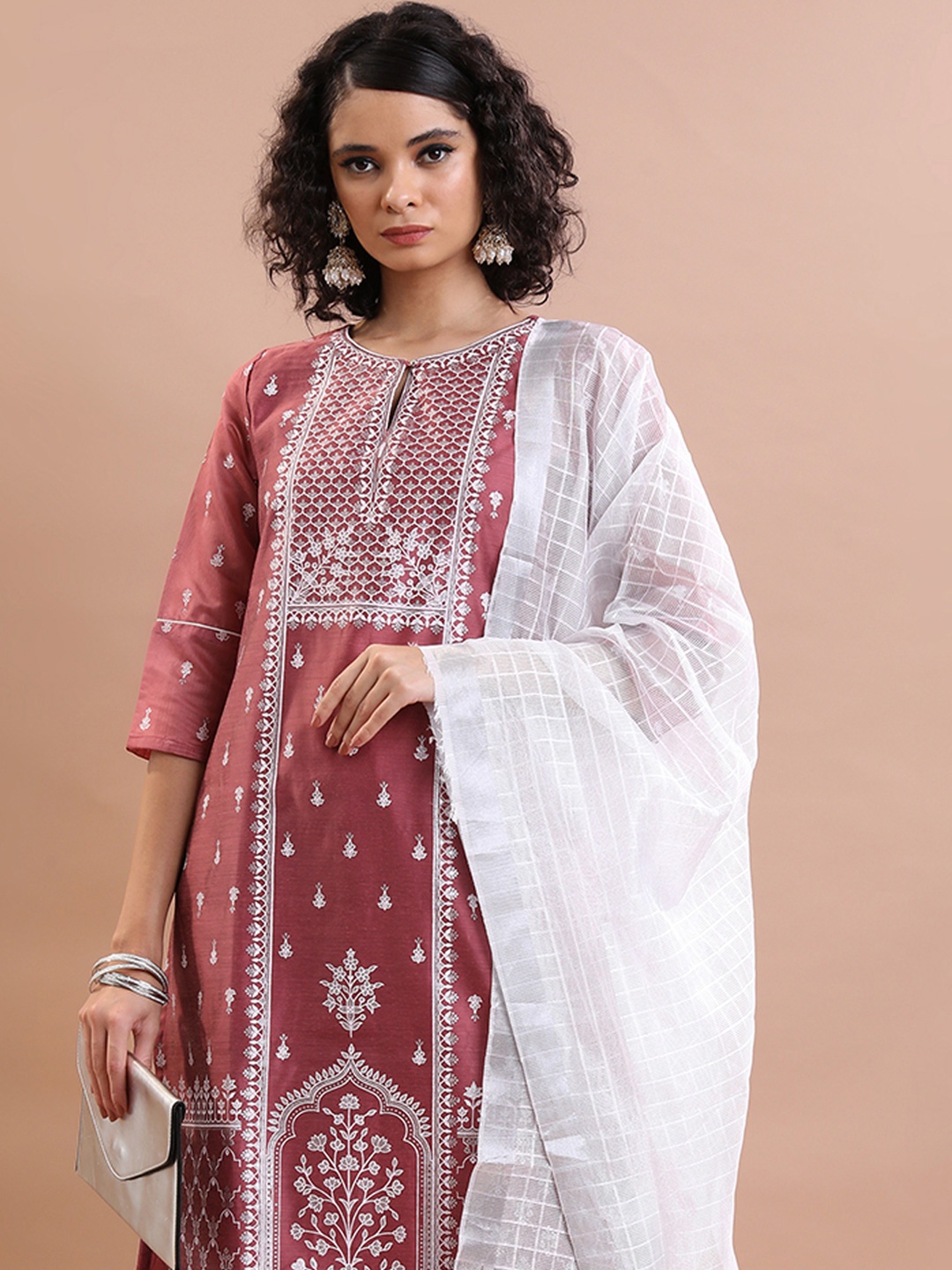 

Vishudh Ethnic Motifs Printed Pure Cotton Kurta with Trousers & With Dupatta, Pink