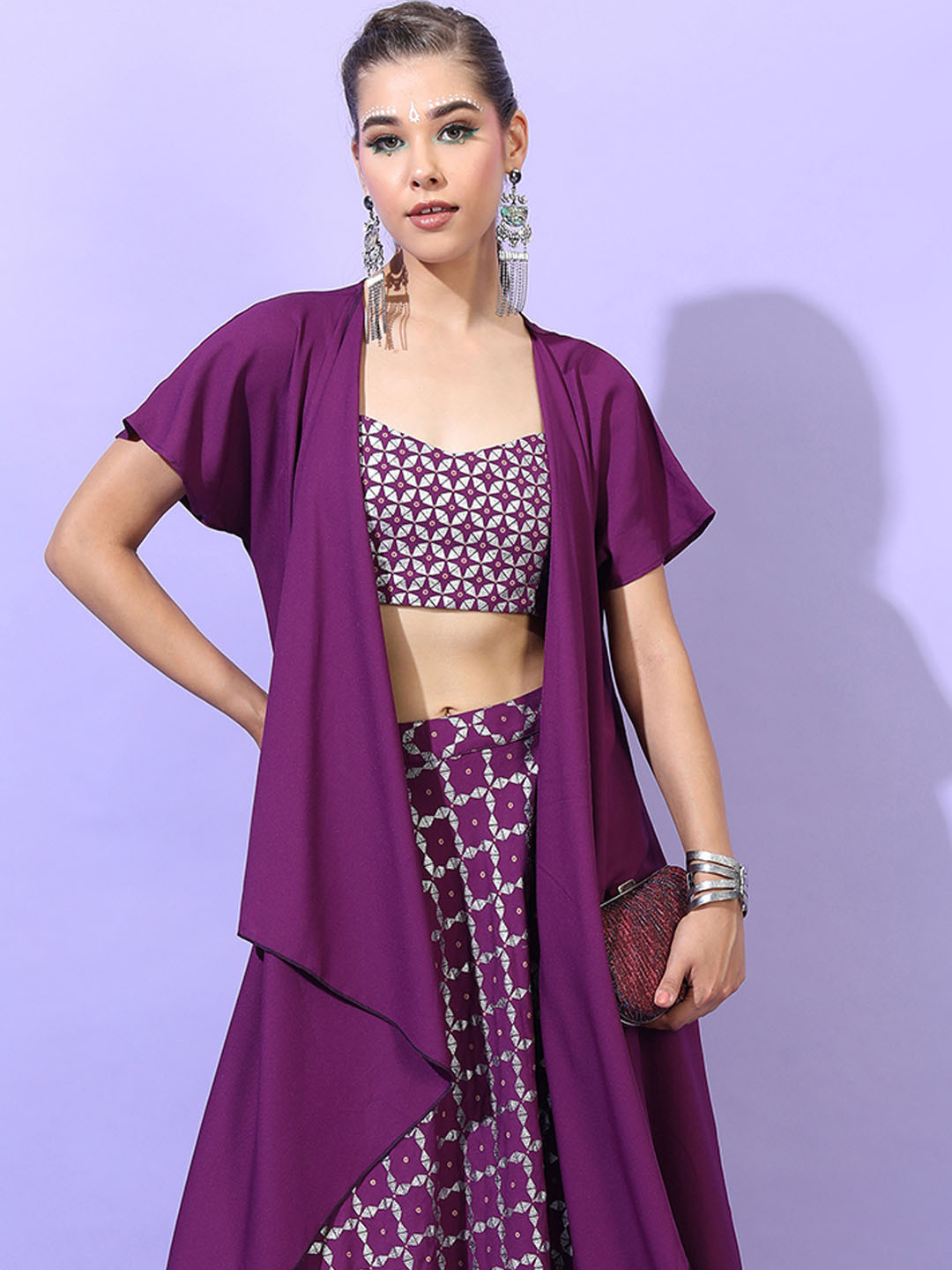 

Vishudh Printed Crop Top With Skirt & Jacket, Purple