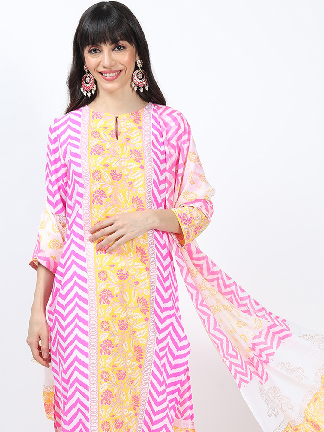 

Vishudh Pink & Yellow Ethnic Motifs Printed Straight Kurta & Palazzos With Dupatta