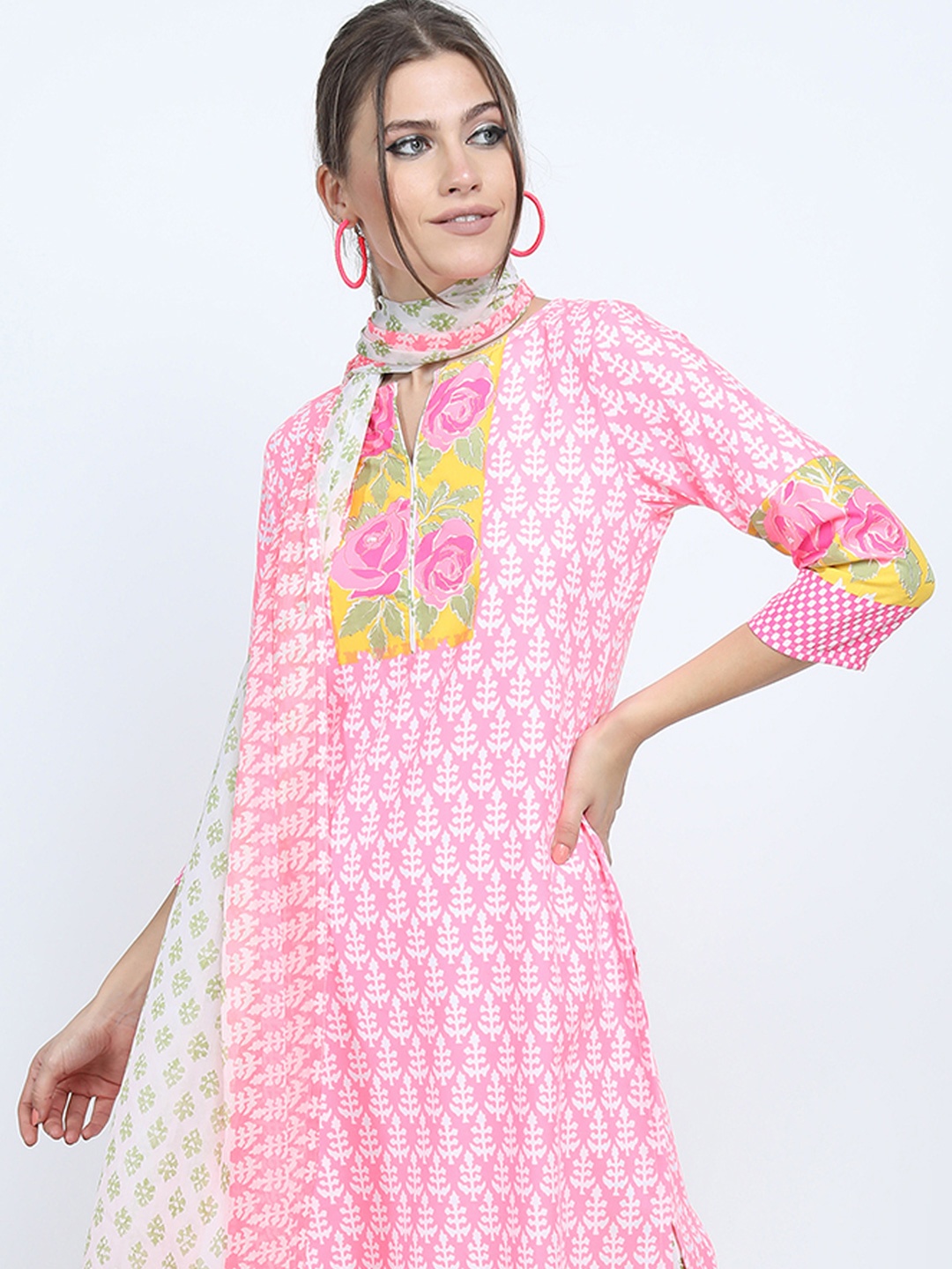 

Vishudh Pink & Green Ethnic Motifs Printed Straight Kurta & Palazzos With Dupatta