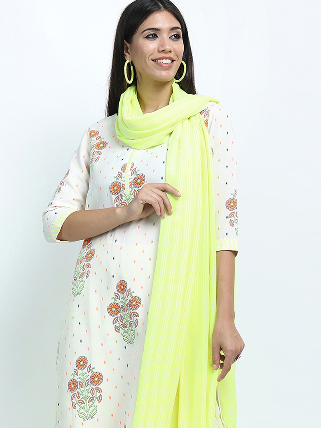 

Vishudh Floral Printed Straight Kurta With Palazzos & Dupatta, Off white