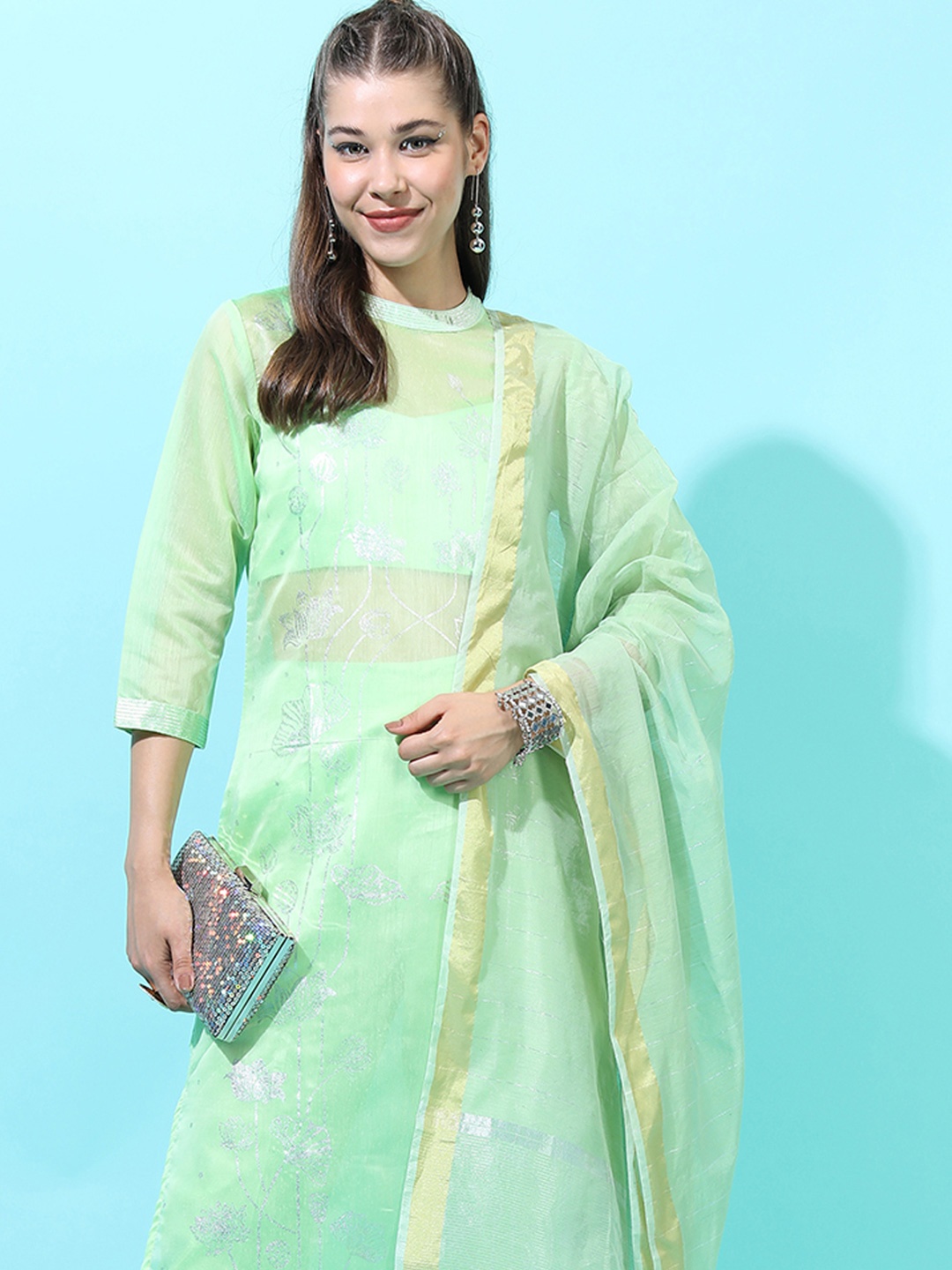 

Vishudh Green Floral Printed Mandarin Collar Straight Kurta with Trousers & Dupatta