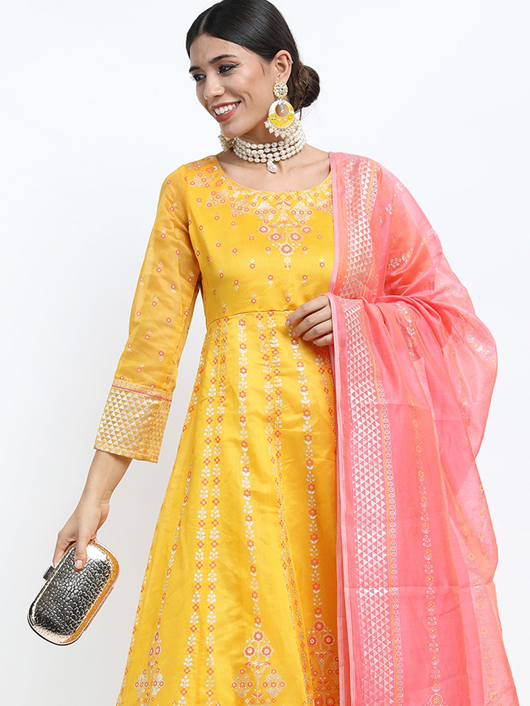 

Vishudh Womens Ethnic Motifs Printed Chanderi Anarkali With Dupatta Maxi Dress, Yellow