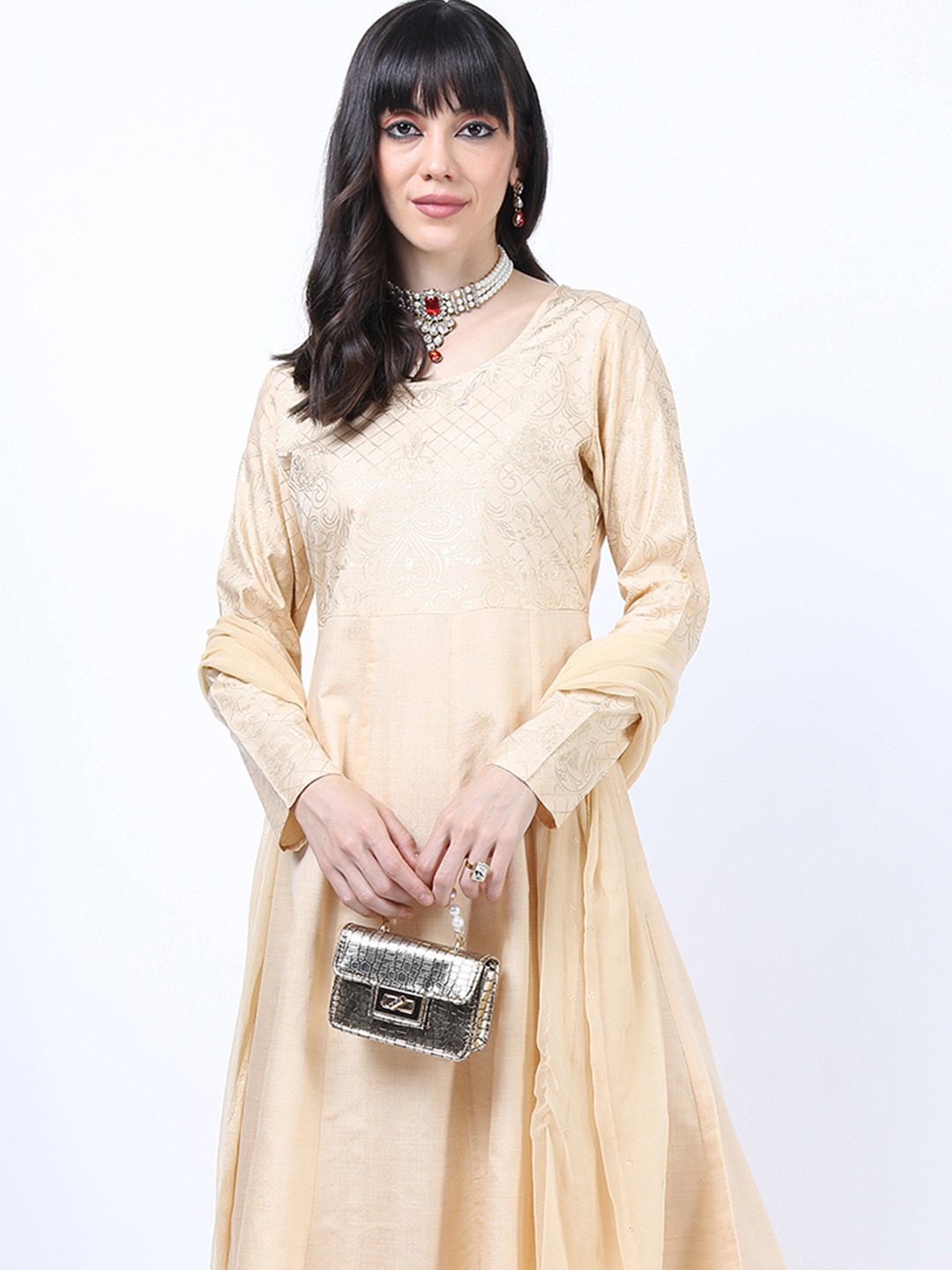 

Vishudh Ethnic Motifs Print A-Line Maxi Dress, Beige