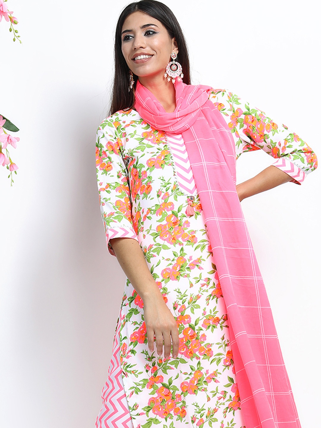 

Vishudh Floral Printed Straight Kurta With Palazzos & Dupatta, Off white