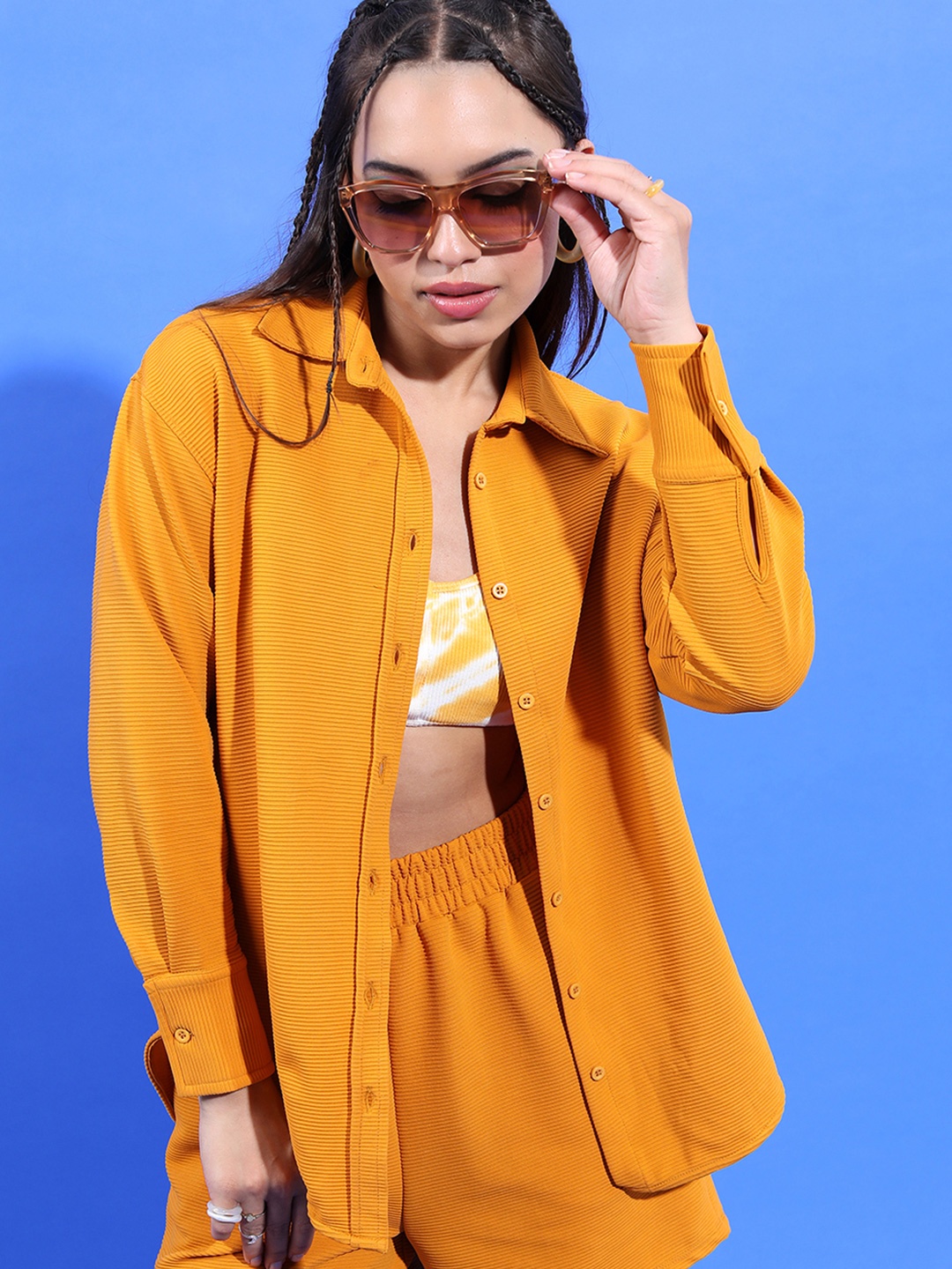 

Tokyo Talkies Yellow Self Design Shirt With Shorts