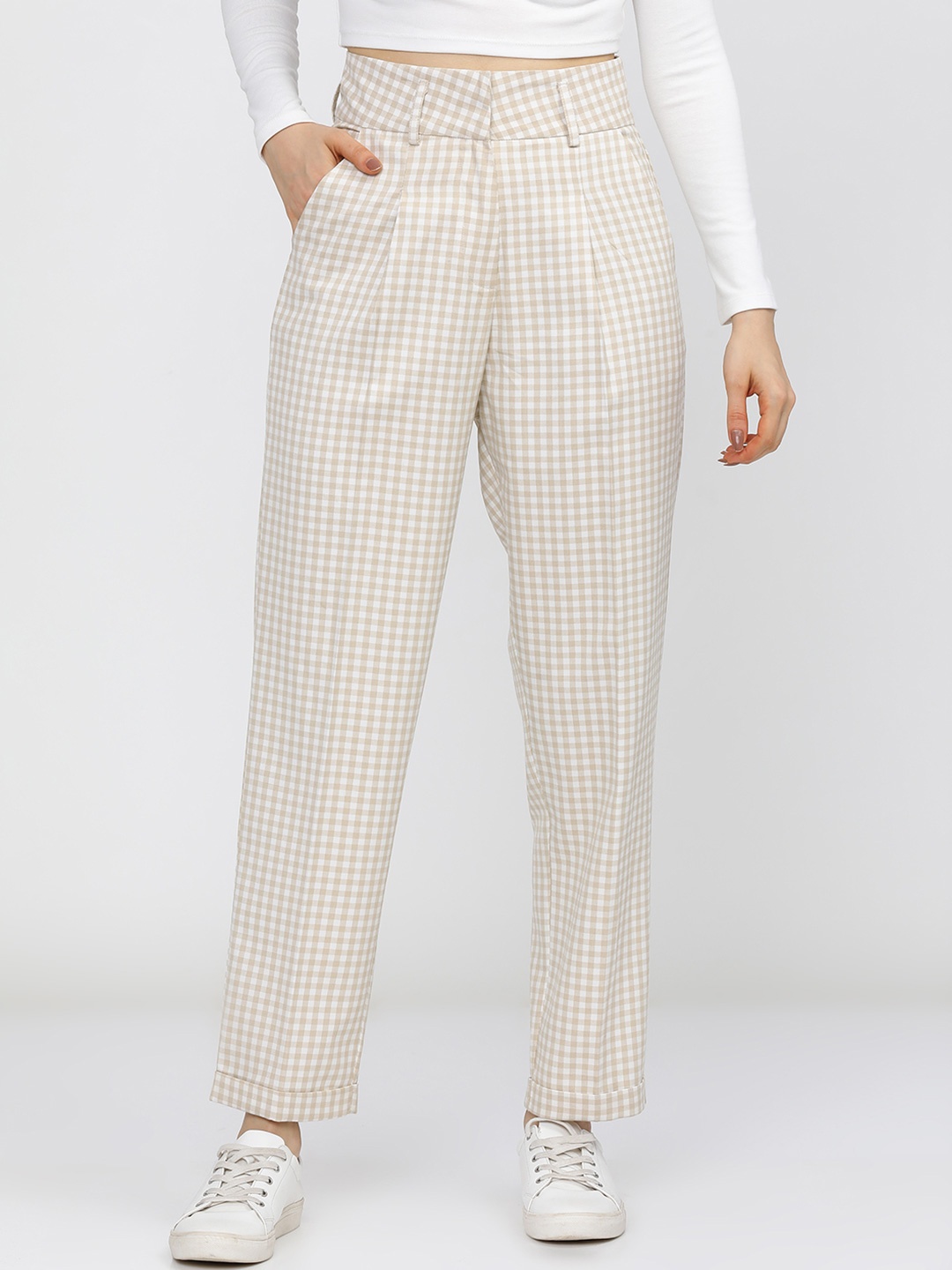 

Tokyo Talkies Women Checked Straight Fit Trousers, Beige