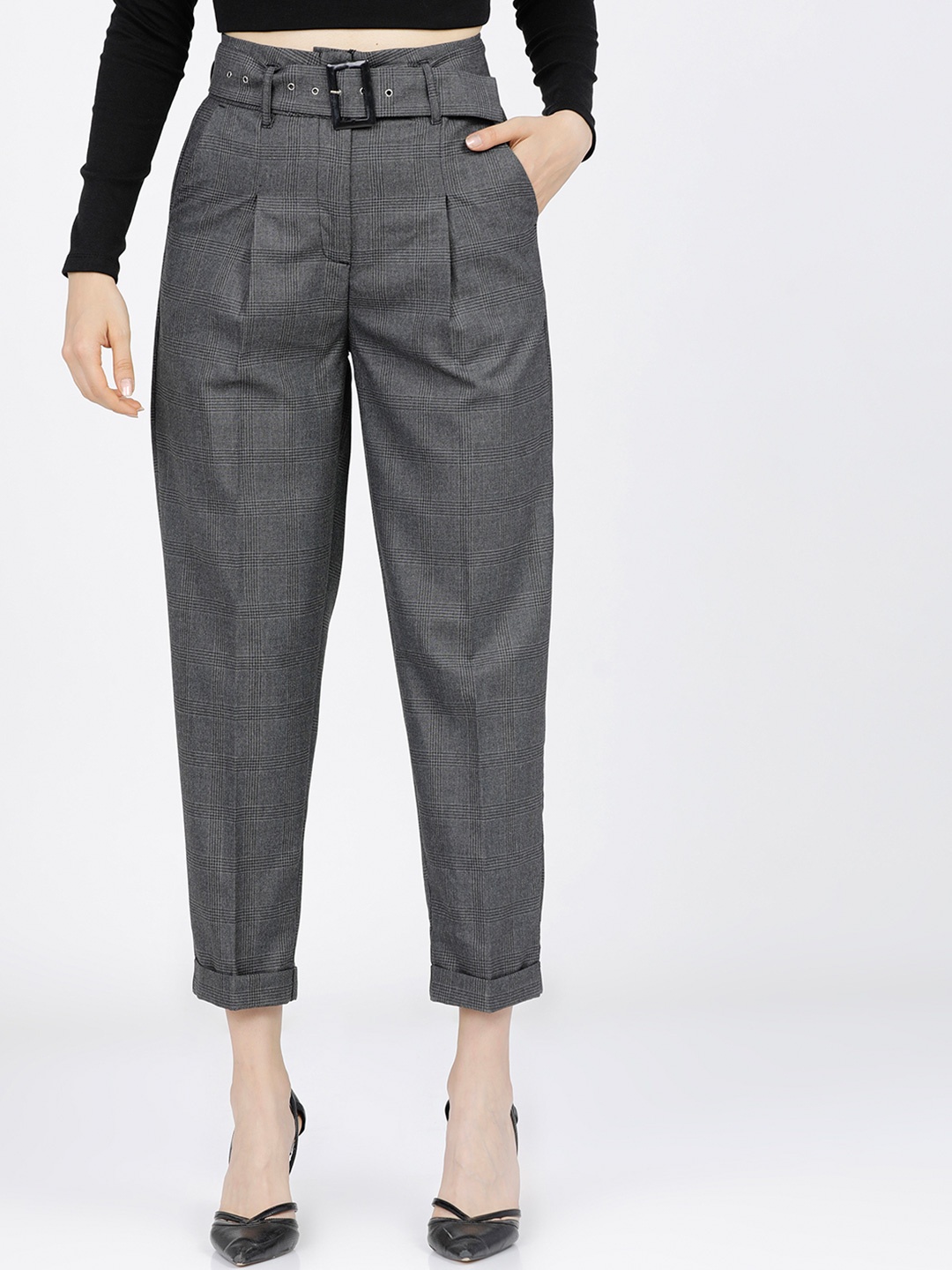 

Tokyo Talkies Women Checked High-Rise Pleated Trousers, Grey