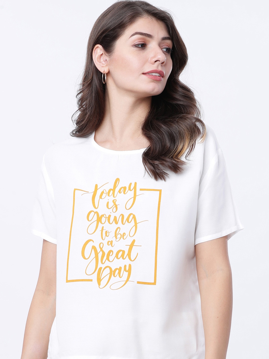 

Tokyo Talkies Women Typography Printed Drop-Shoulder Sleeves T-shirt, White