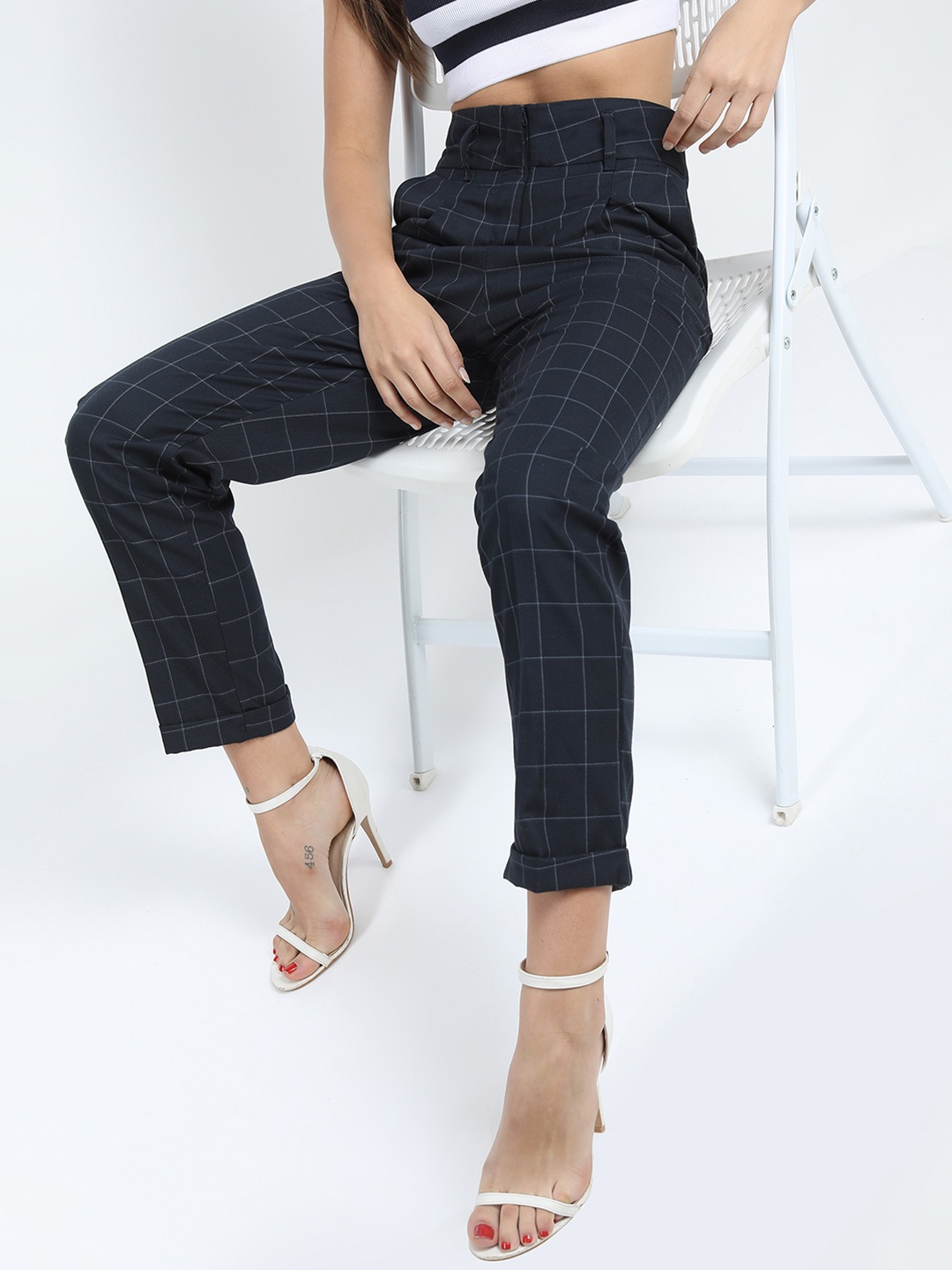 

Tokyo Talkies Women Checked Straight Fit High-Rise Trousers, Navy blue