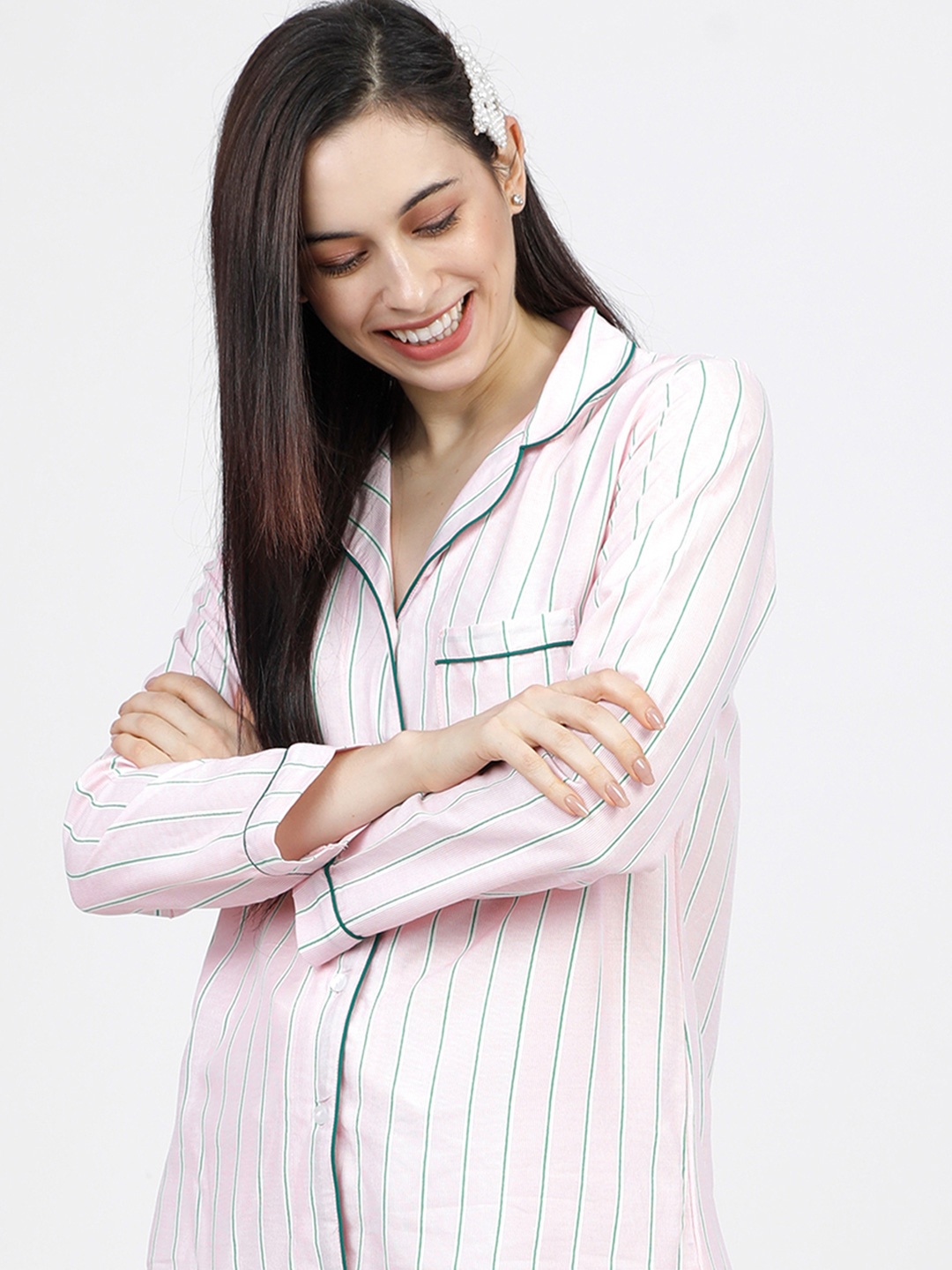 

Tokyo Talkies Women Striped Sleep Shirt, Pink