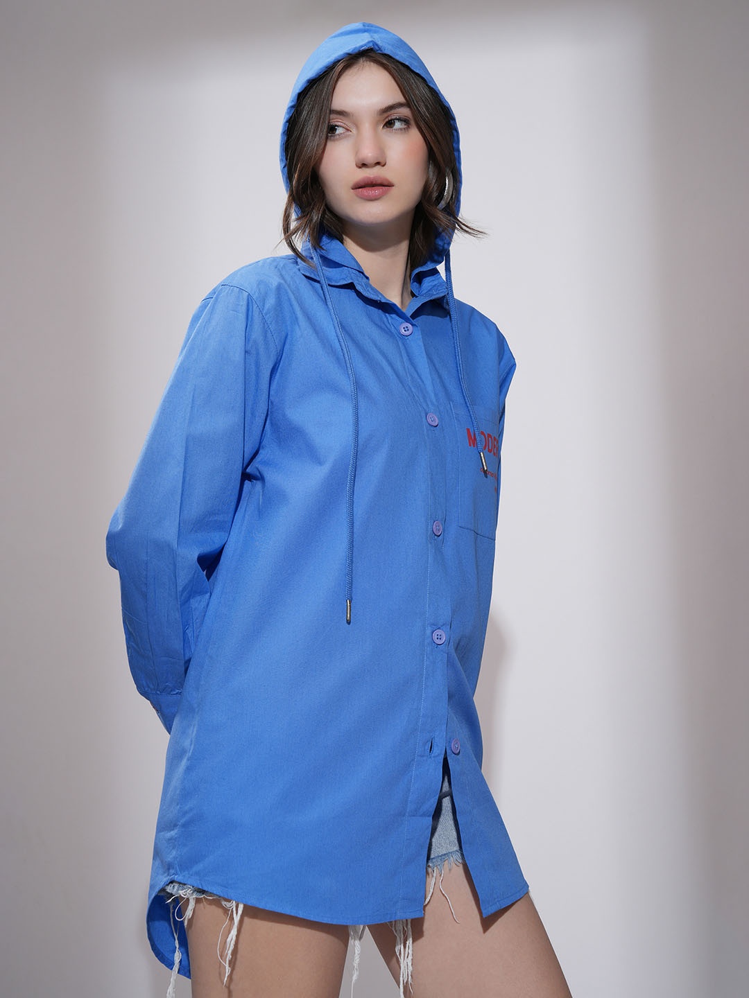 

Tokyo Talkies Women Hoodie Printed Longline Shirt, Blue
