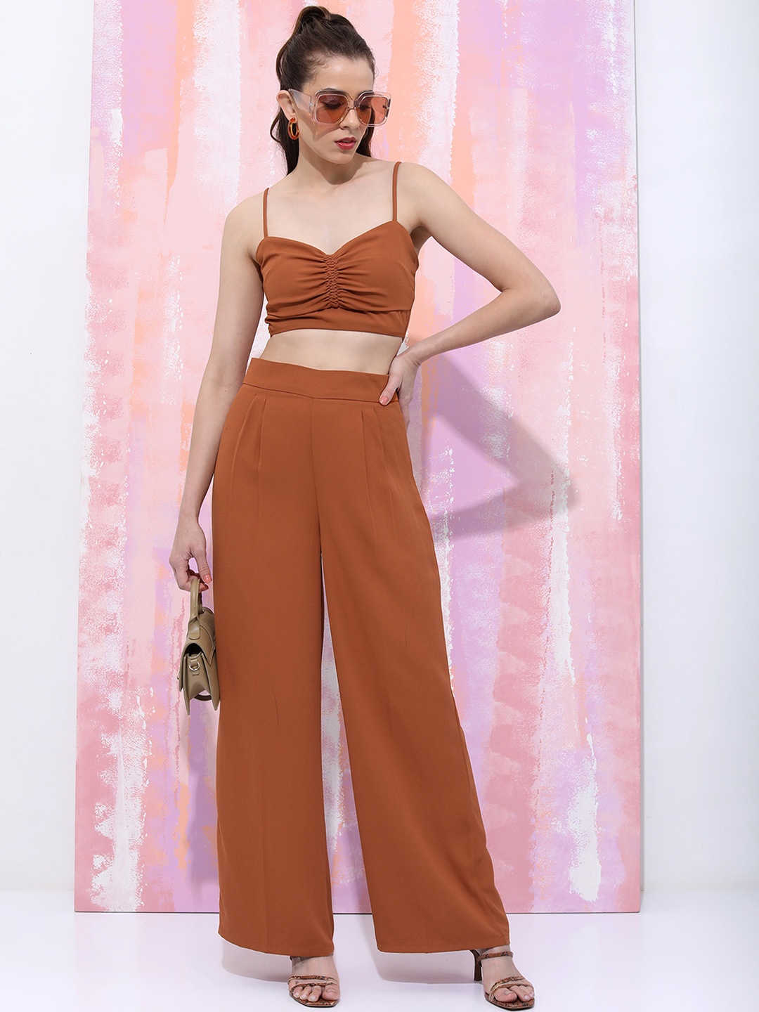 

Tokyo Talkies Brown Shoulder Straps Neck Sleeveless Crop Top With Trousers