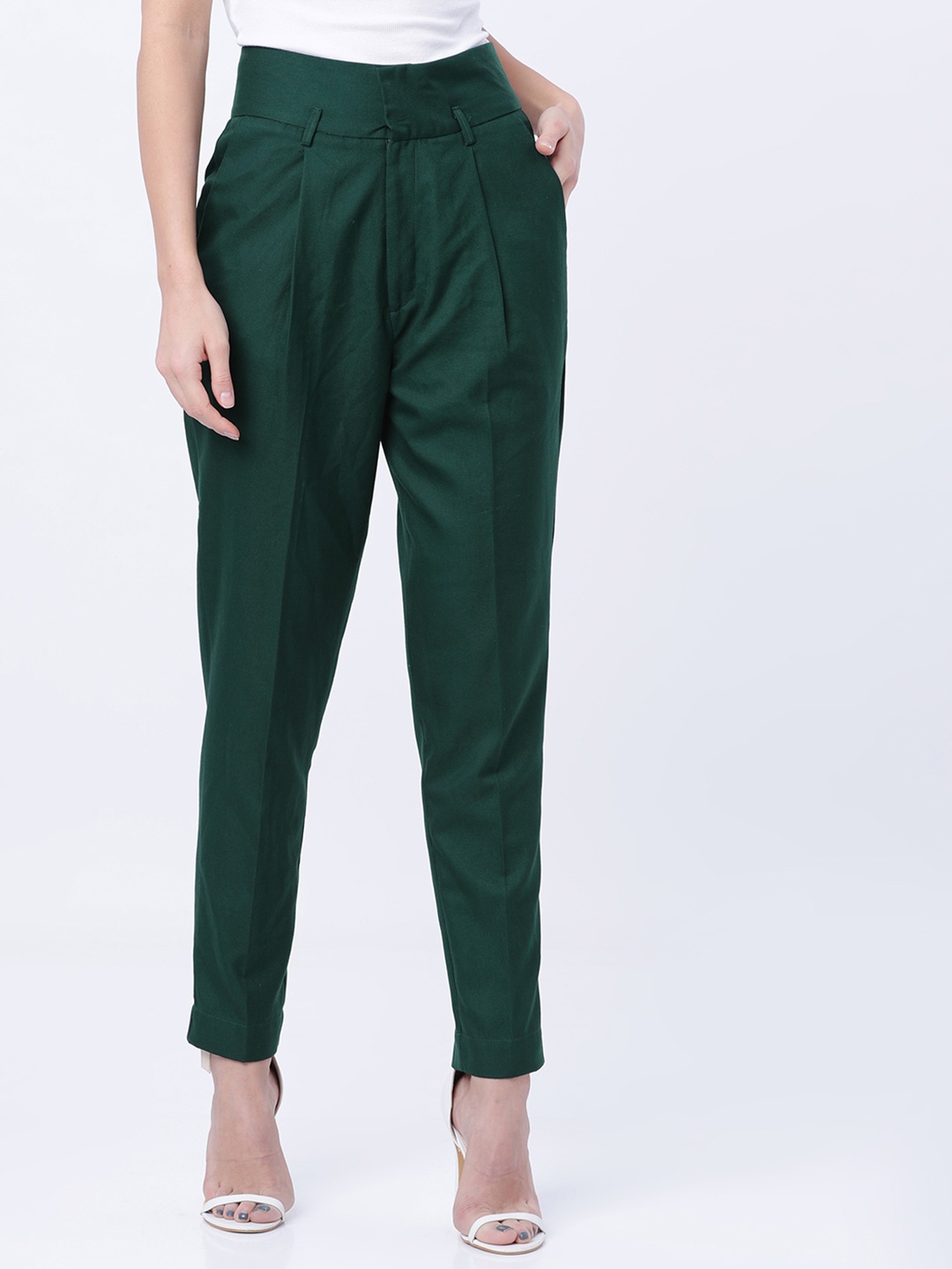 

Tokyo Talkies Women High-Rise Pleated Trousers, Green