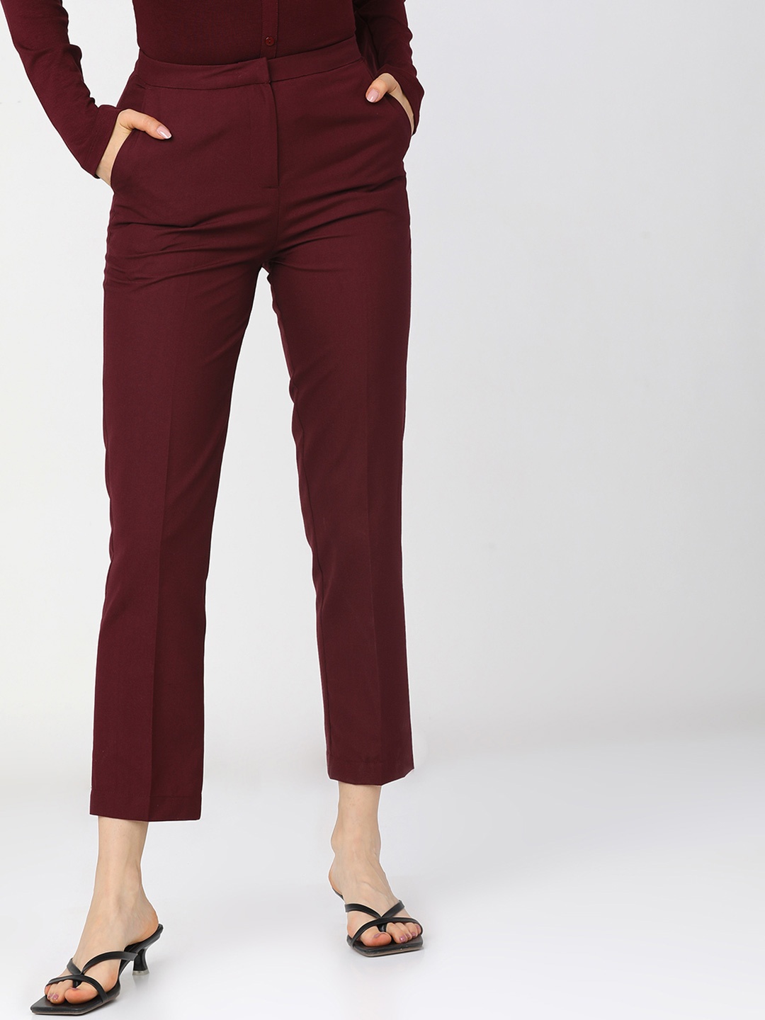 

Tokyo Talkies Women Mid-Rise Formal Trousers, Maroon