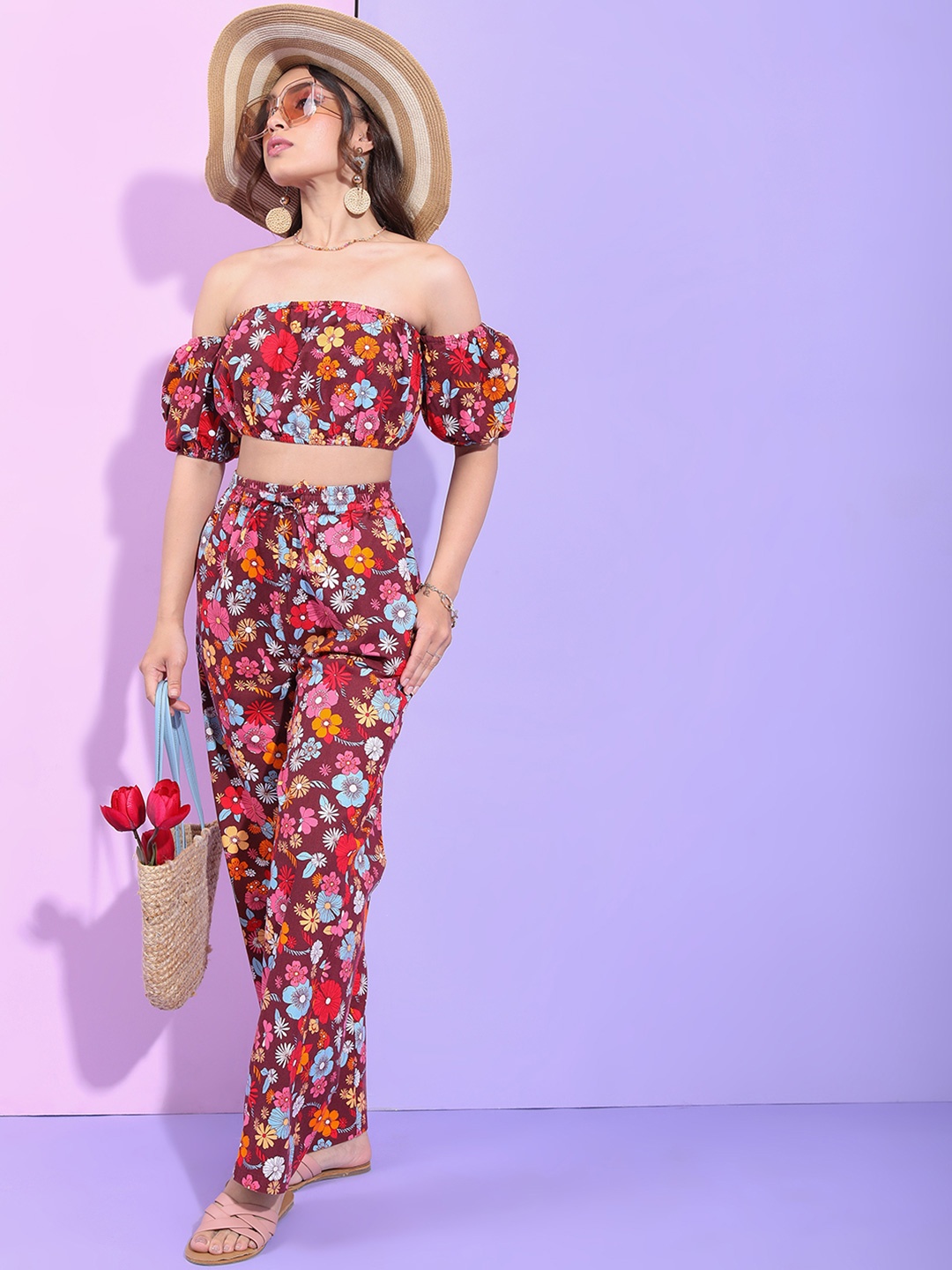 

Tokyo Talkies Maroon Floral Printed Off-Shoulder Pure Cotton Crop Top With Trousers