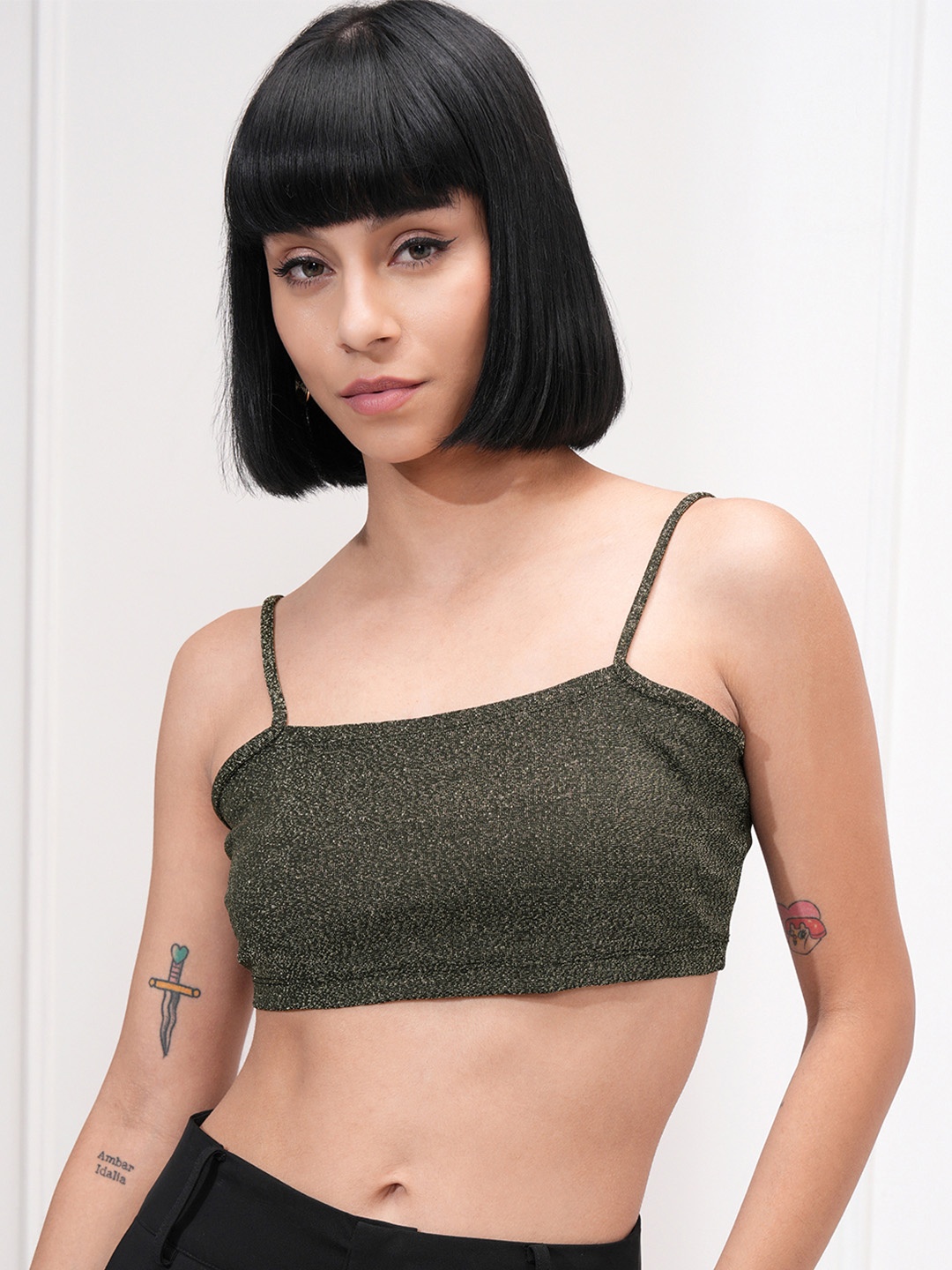 

Tokyo Talkies Women Shimmer Shoulder Straps Top, Black