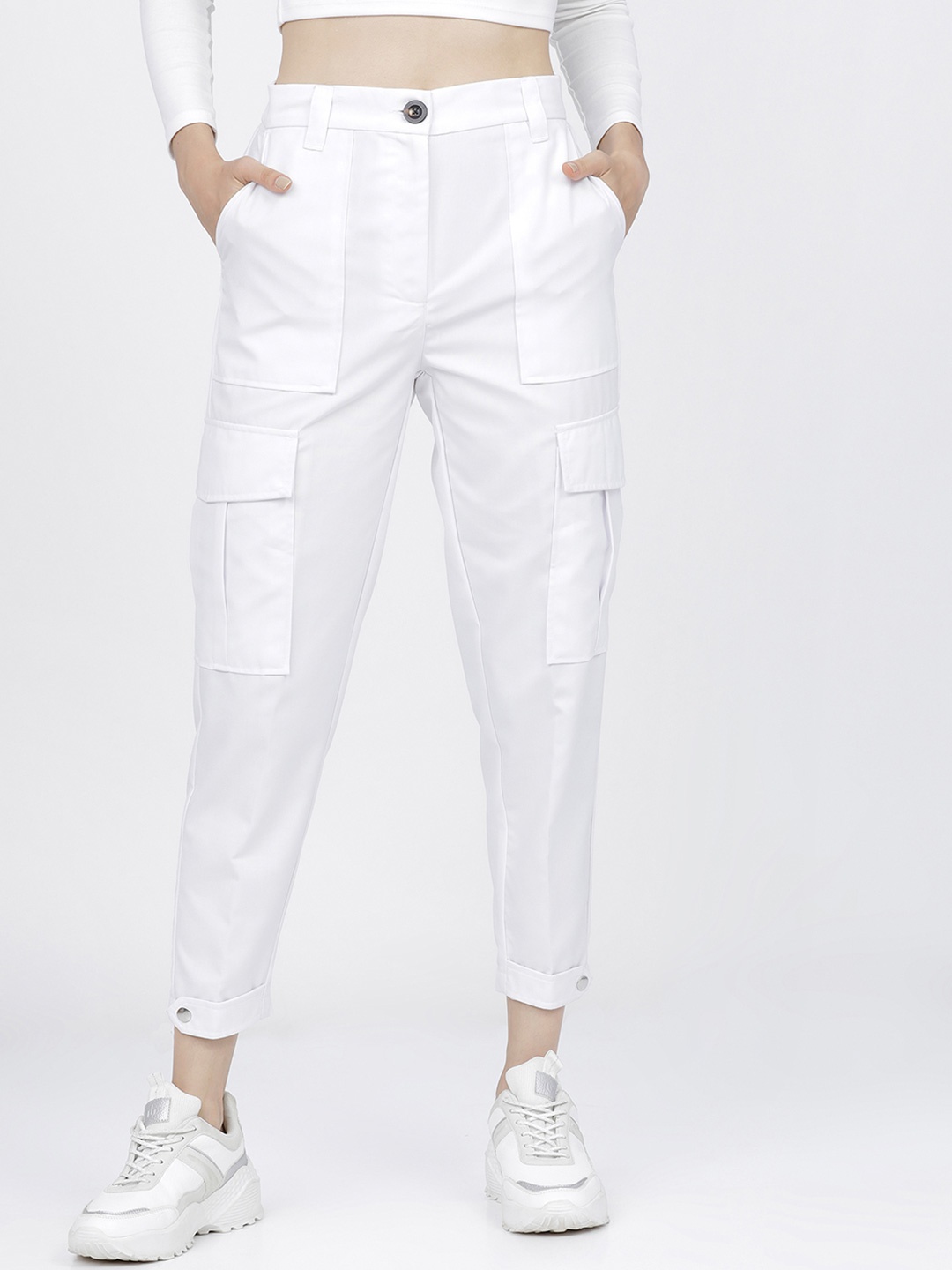 

Tokyo Talkies Women Solid High-Rise Tapered Fit Cargos Trousers, White