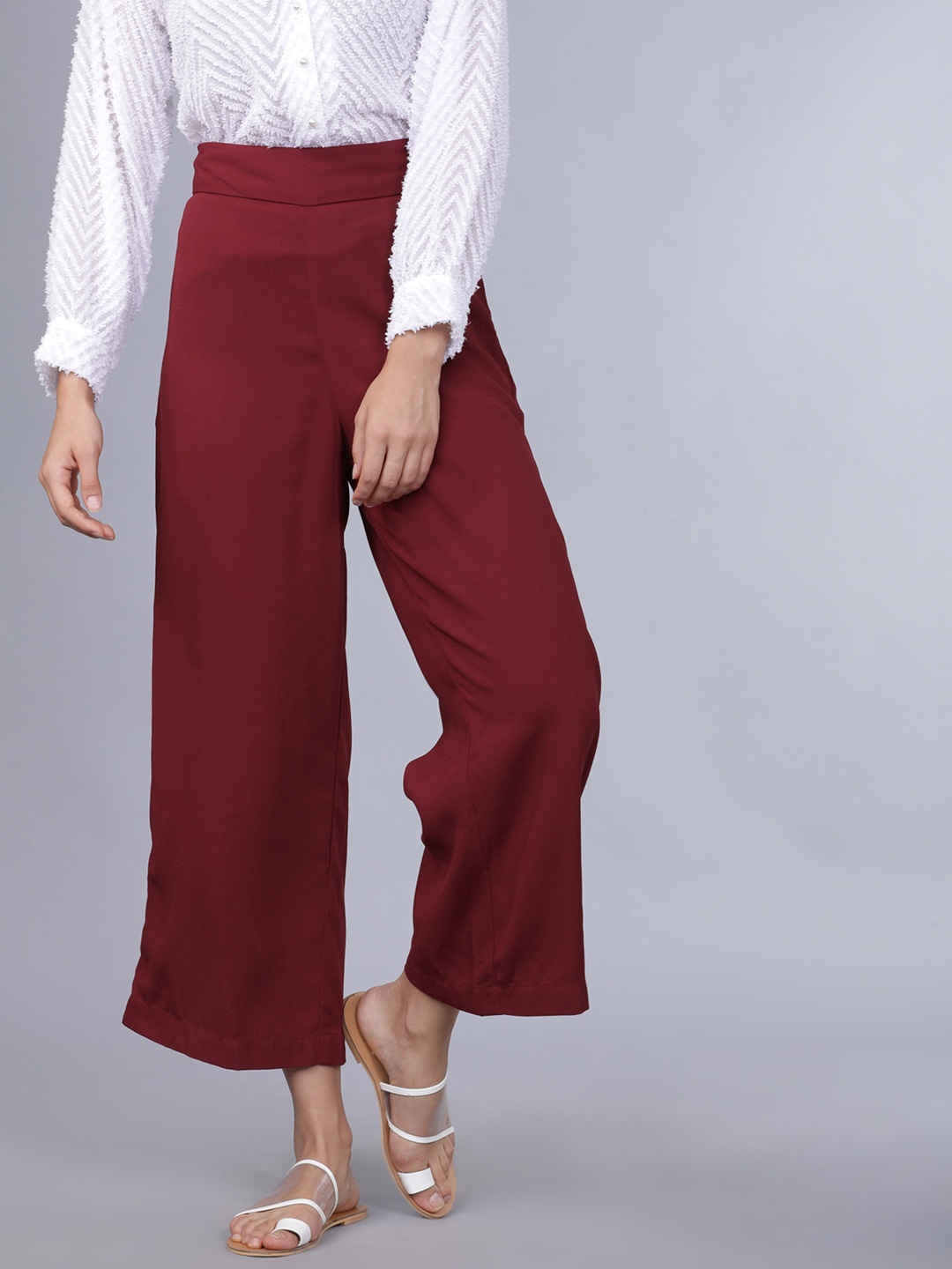

Tokyo Talkies Women Mid-Rise Wide Leg Trousers, Maroon