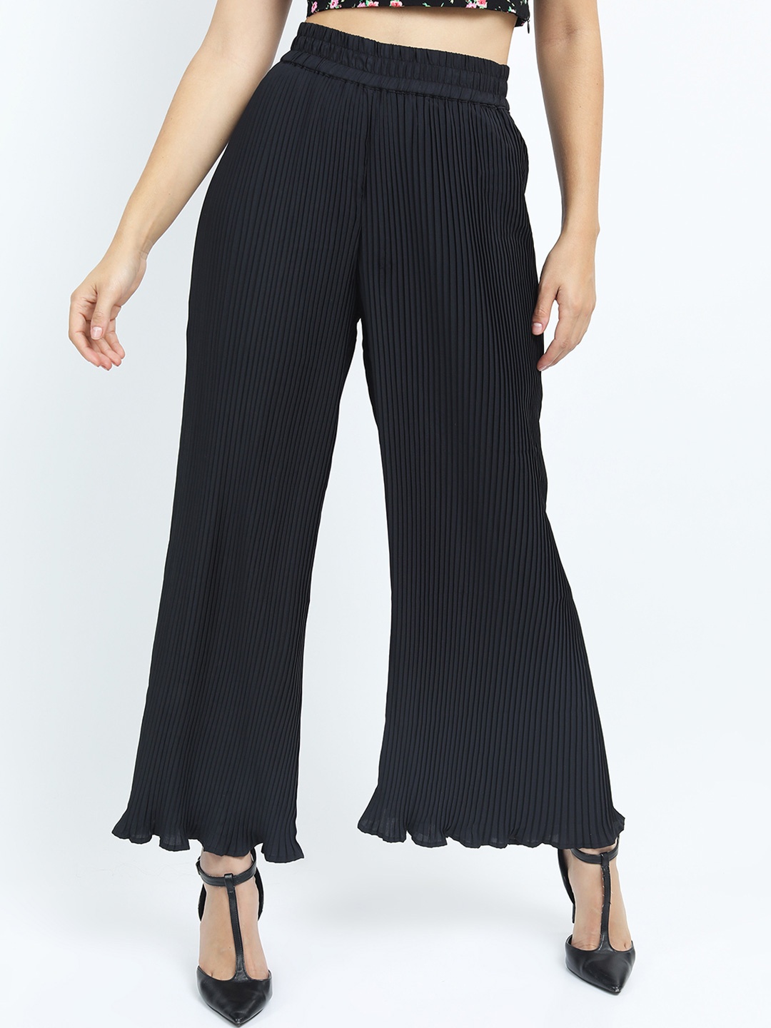 

Tokyo Talkies Women Flared Wide Leg Trousers, Black