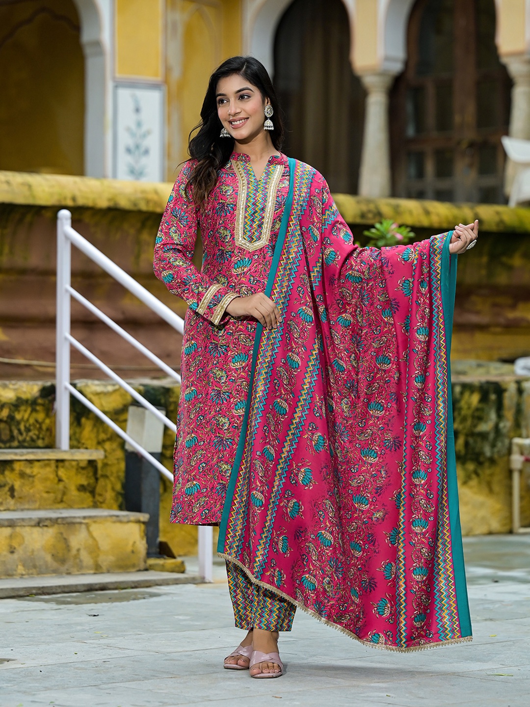 

AKS Floral Printed Regular Gotta Patti Pure Cotton Straight Kurta with Trousers & Dupatta, Magenta