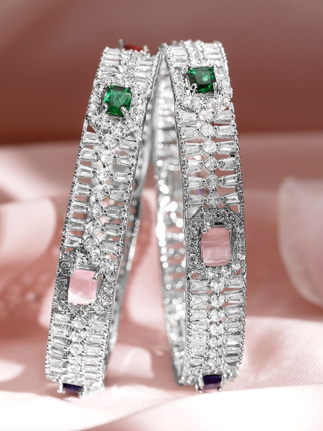 

Rubans Set of 2 Rhodium-Plated Multicolor Gemstone & Cubic Zirconia Studded Bangles, Silver