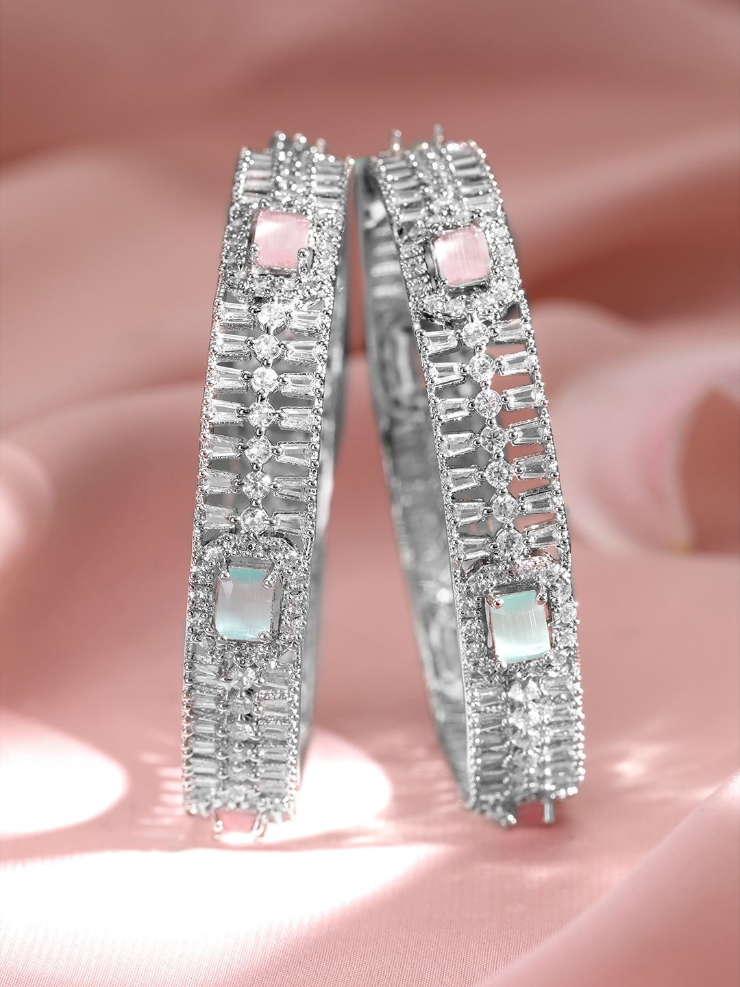 

Rubans Set of 2 Rhodium-Plated Pink & Mint Green Gemstone CubicZirconia Studed Bangle, Silver