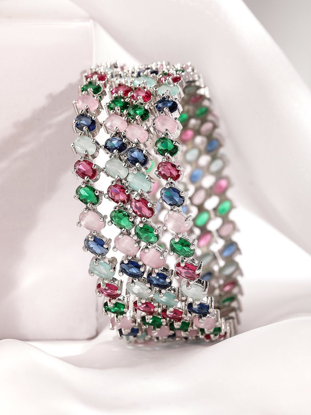 

Rubans Set of 4 Rhodium-Plated Multicolor Gemstone Studded Traditional Bangles, Silver