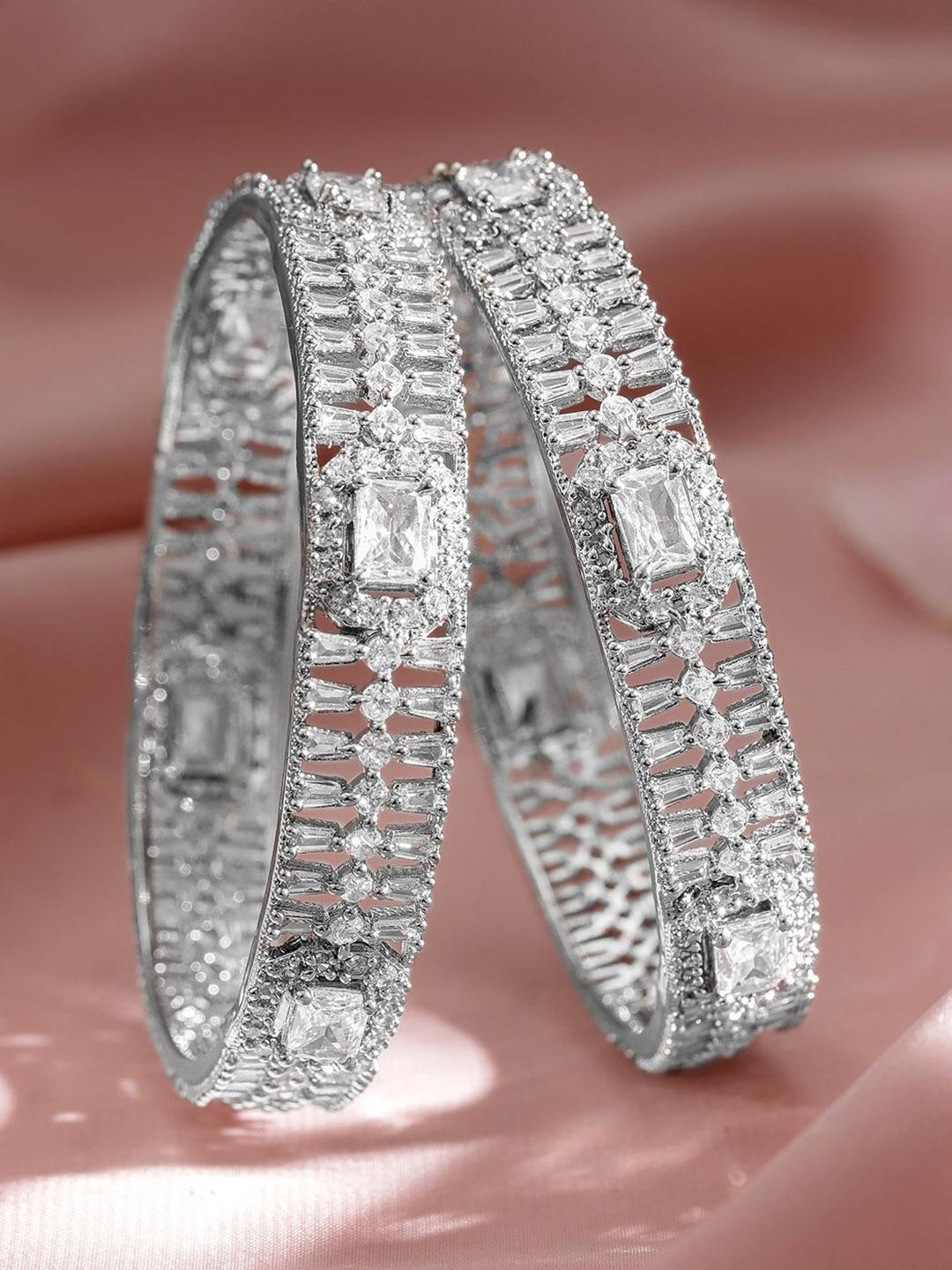 

Rubans Set Of 2 Rhodium-Plated Cubic Zirconia Stones-Studded Bangles, Silver