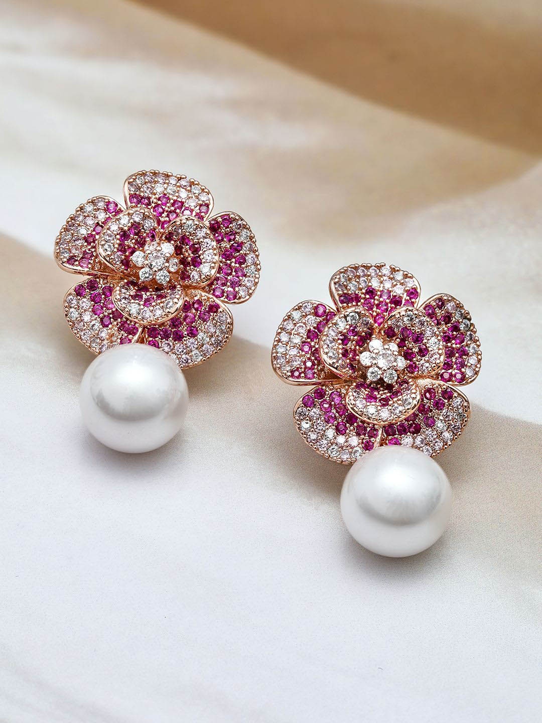 

Rubans 22K Rose Gold-Plated RubyPink AD & Cubic Zirconia Studded Floral Pearl Drop Earring