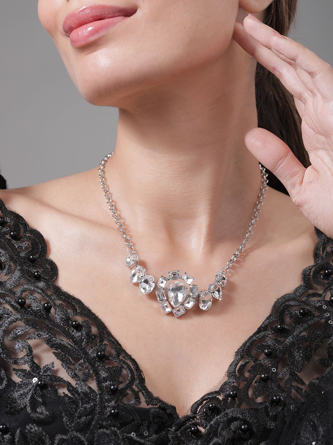 

Rubans Rhodium Plated Crystal AD & Cubic Zirconia Studded Luxurious Choker Necklace, Silver