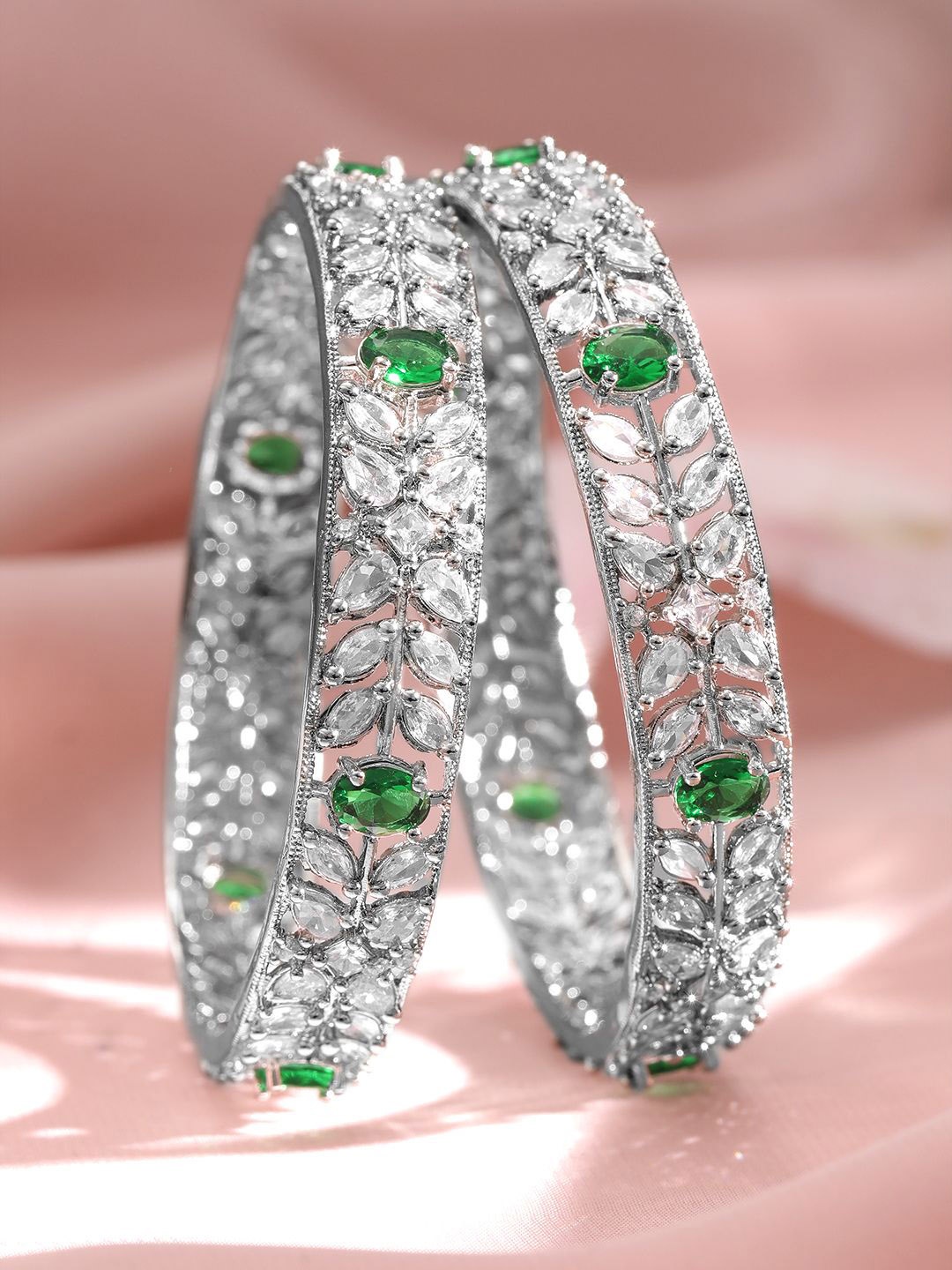 

Rubans Set of 2 Rhodium-Plated Emerald Green Gemstone & Cubic Zirconia Studded Bangles, Silver