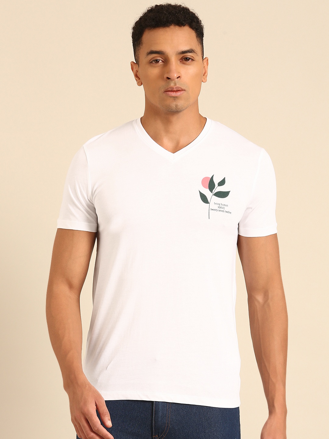 

Being Human V-Neck Pure Cotton T-shirt with Minimal Print, White