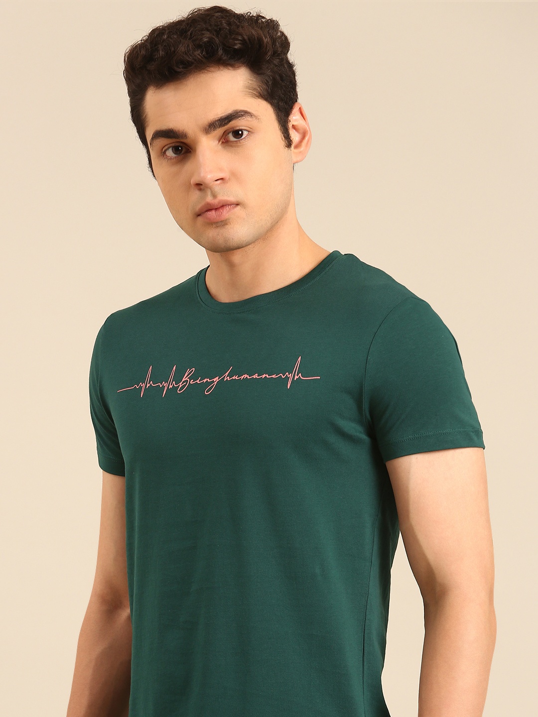 

Being Human Pure Cotton T-shirt with Minimal Print, Green