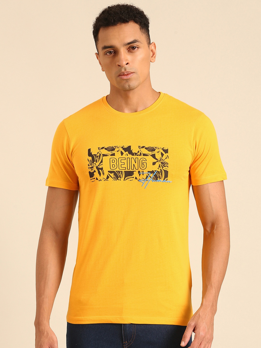

Being Human Typography Printed Pure Cotton T-shirt, Mustard