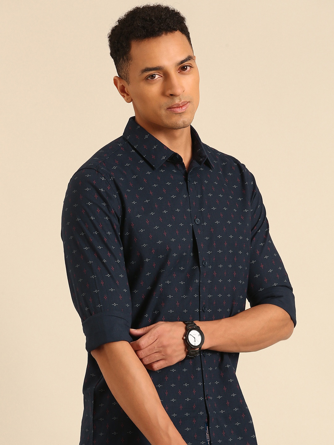 

Being Human Slim Fit Opaque Printed Pure Cotton Casual Shirt, Navy blue