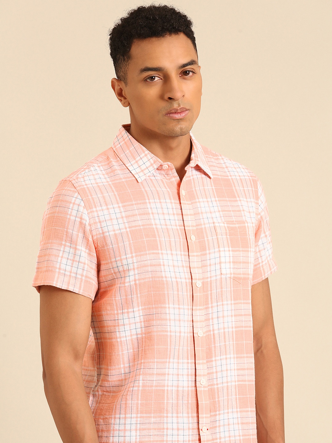 

Being Human Slim Fit Checked Pure Cotton Casual Shirt, Peach