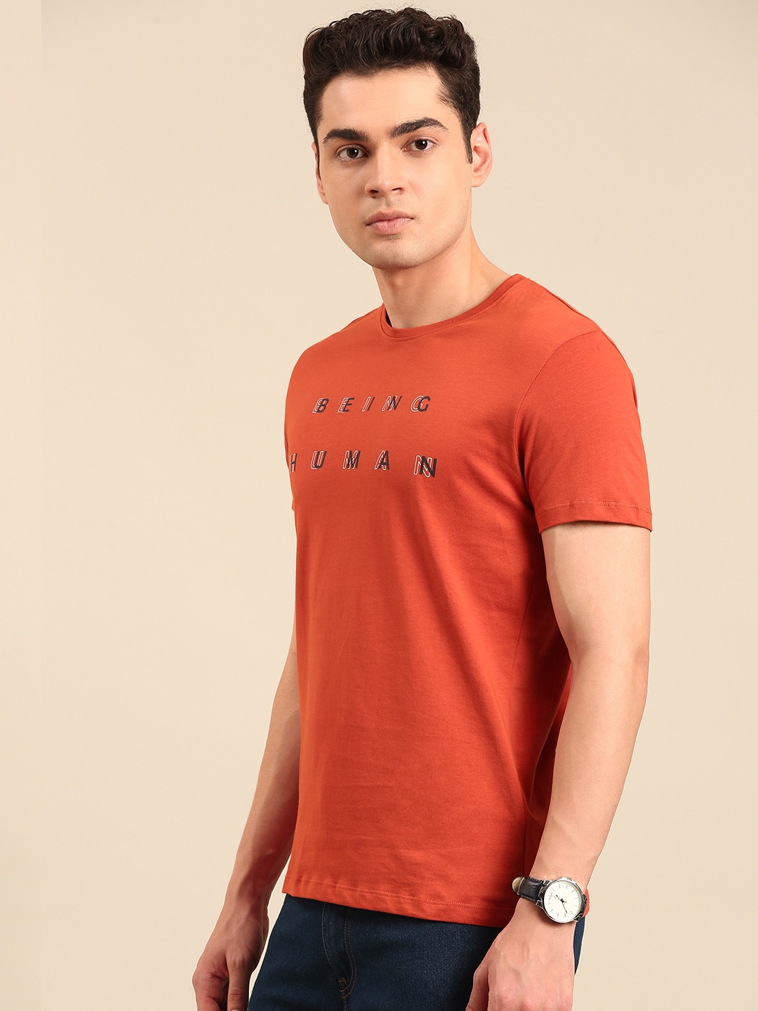 Being Human Typography Printed Pure Cotton T-shirt, Rust